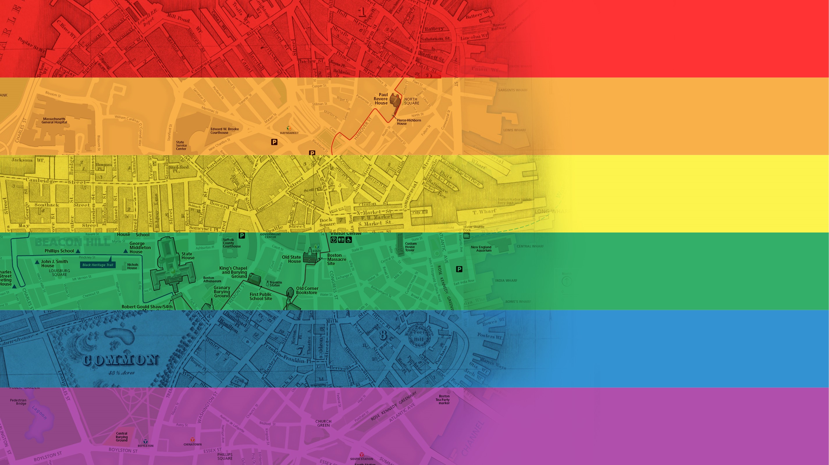 6 layers of Boston map with the gay pride flag superimposed on top