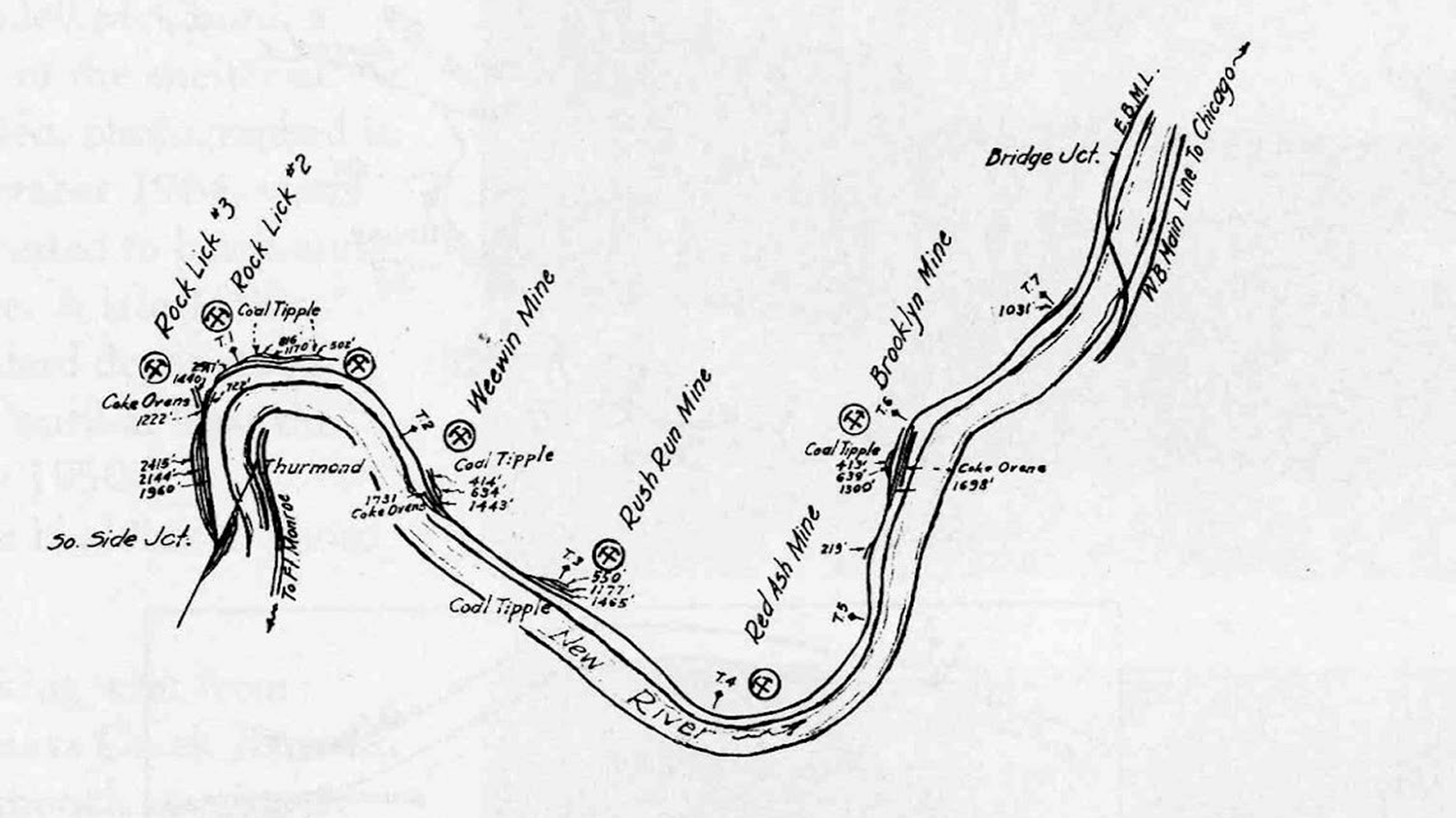 Line drawing map of the New River. The location of the mining communities are marked on the map.