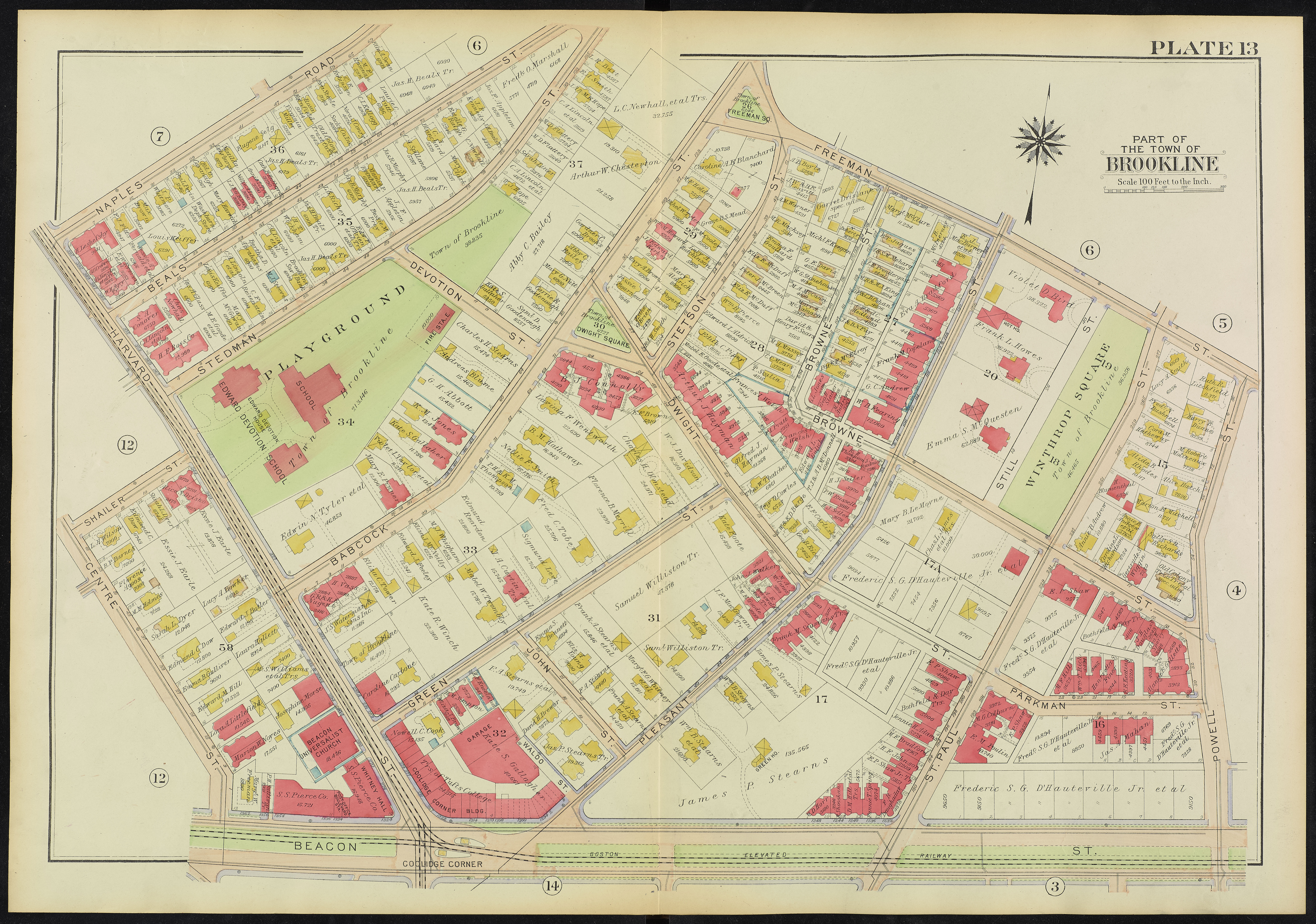 atlas map of suburb with lot lines and building footprints in yellow and pink