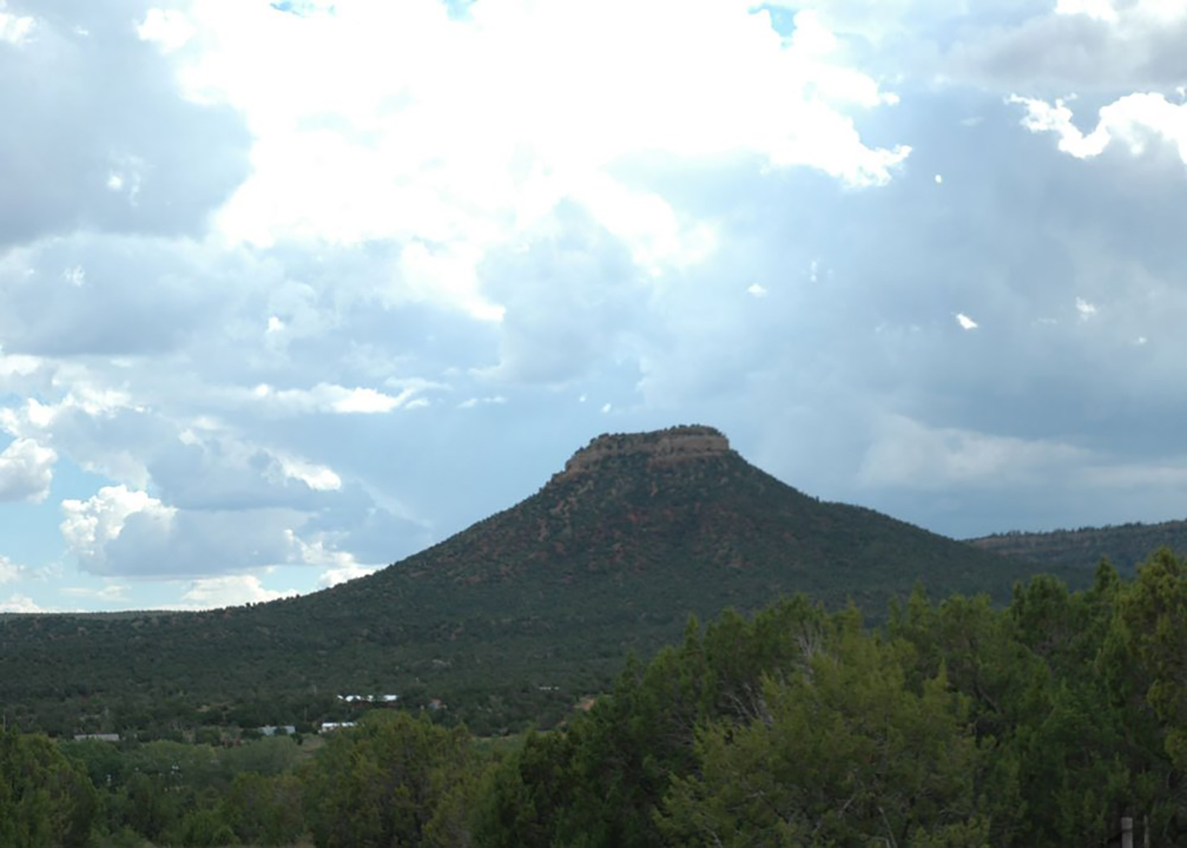 A large butte covered with shrubs.