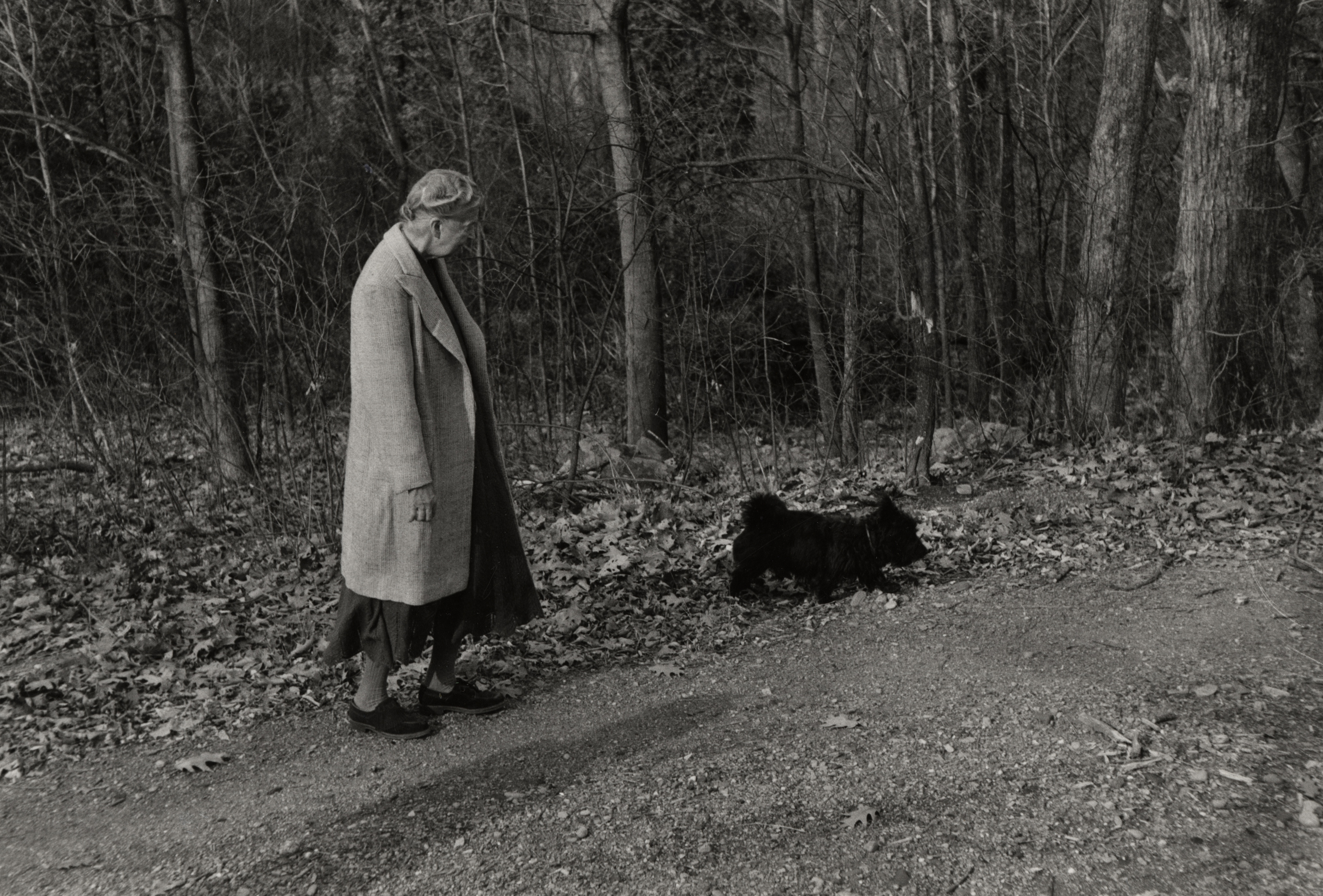 Eleanor Roosevelt walks her dog along a path.