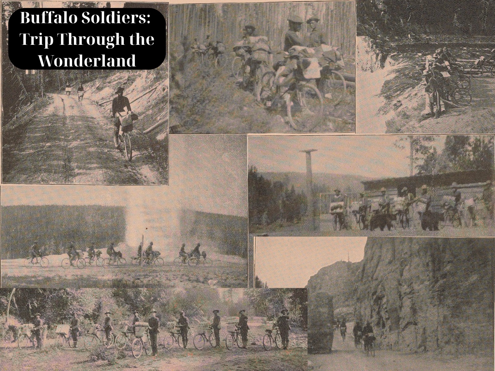Collage of photos of 25th Infantry ride through Yellowstone