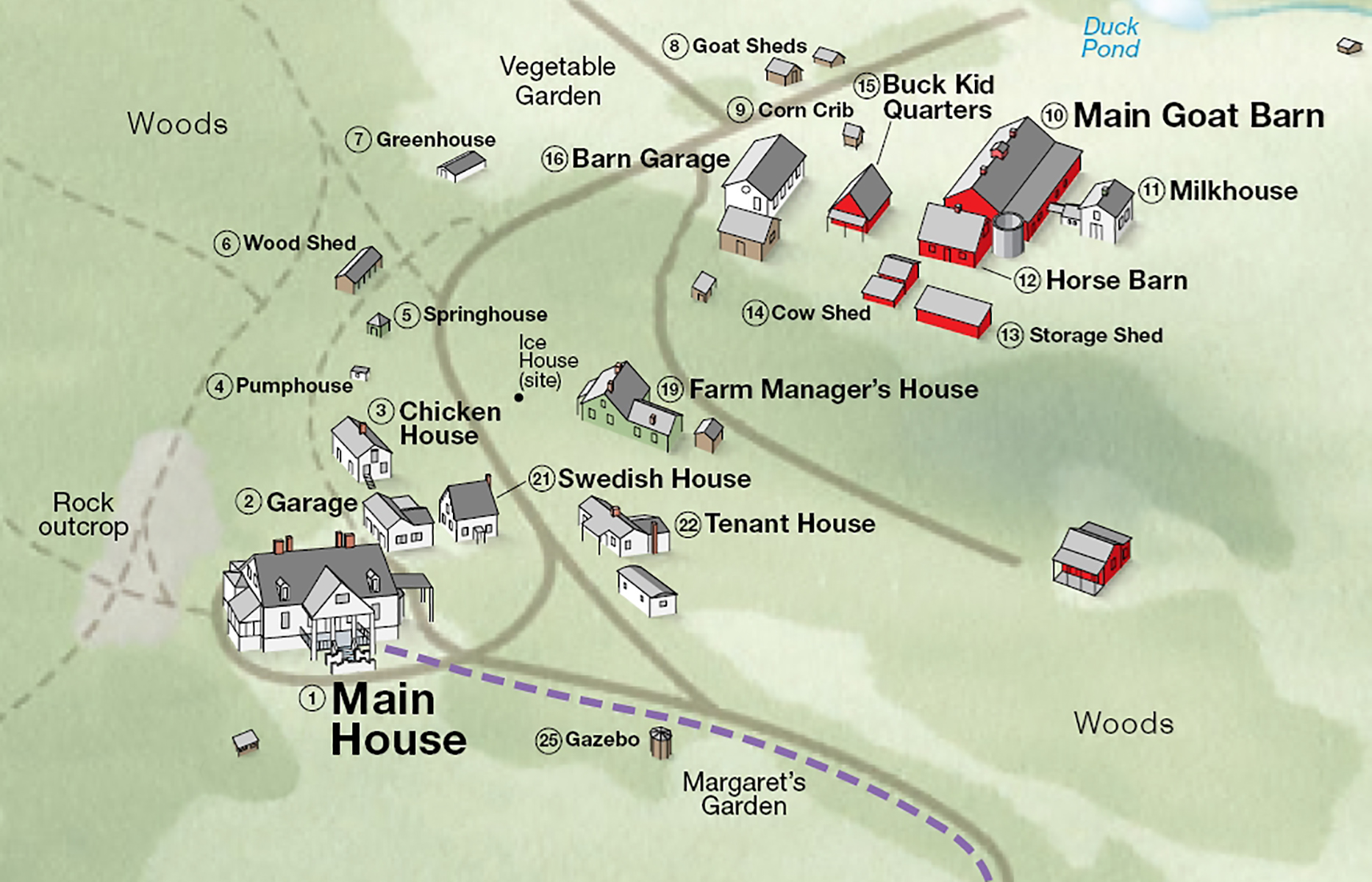 Illustrated map of grounds with building names