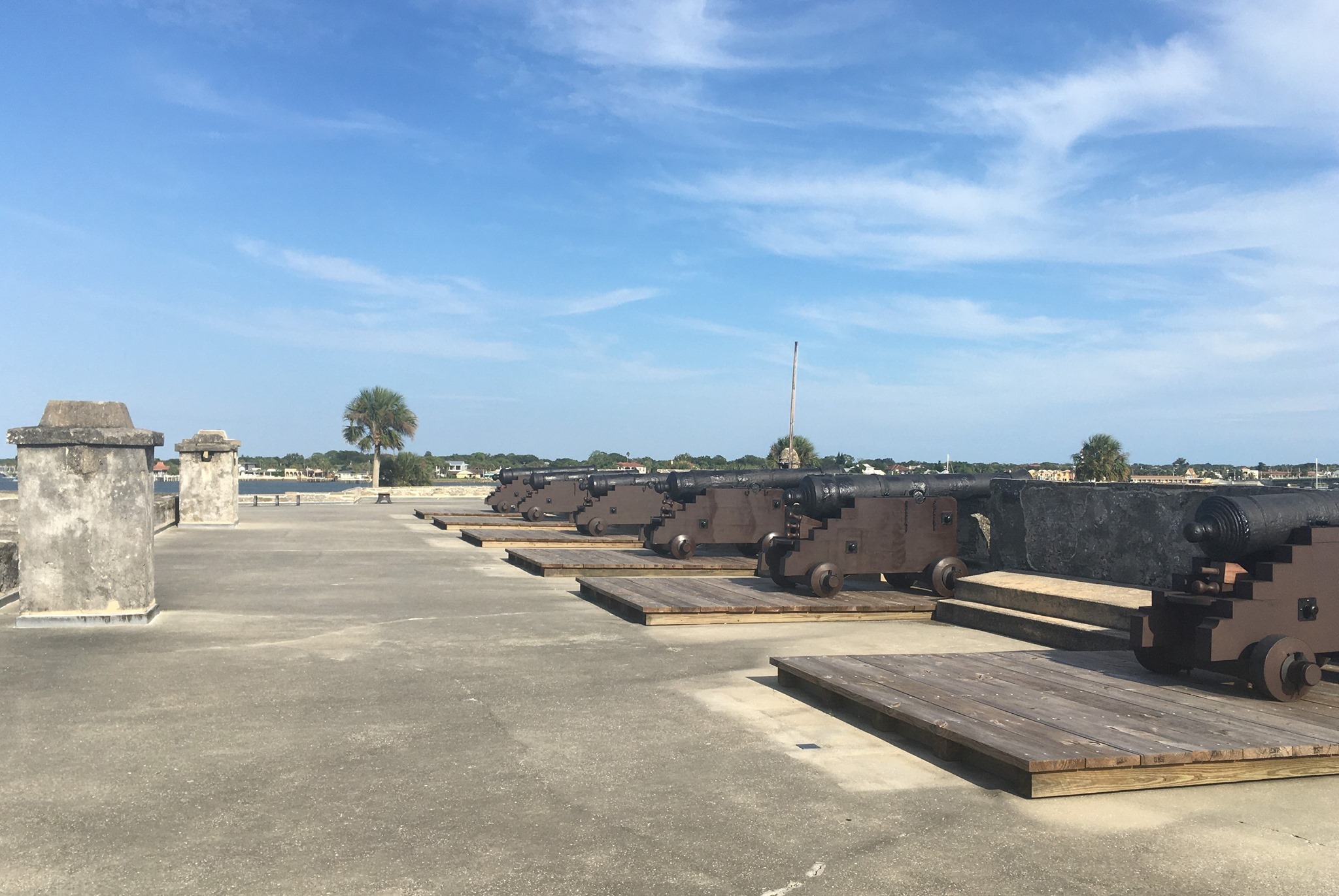 Six Cannons & Carriages lined up on wood platforms and pointing through the stone fort wall.