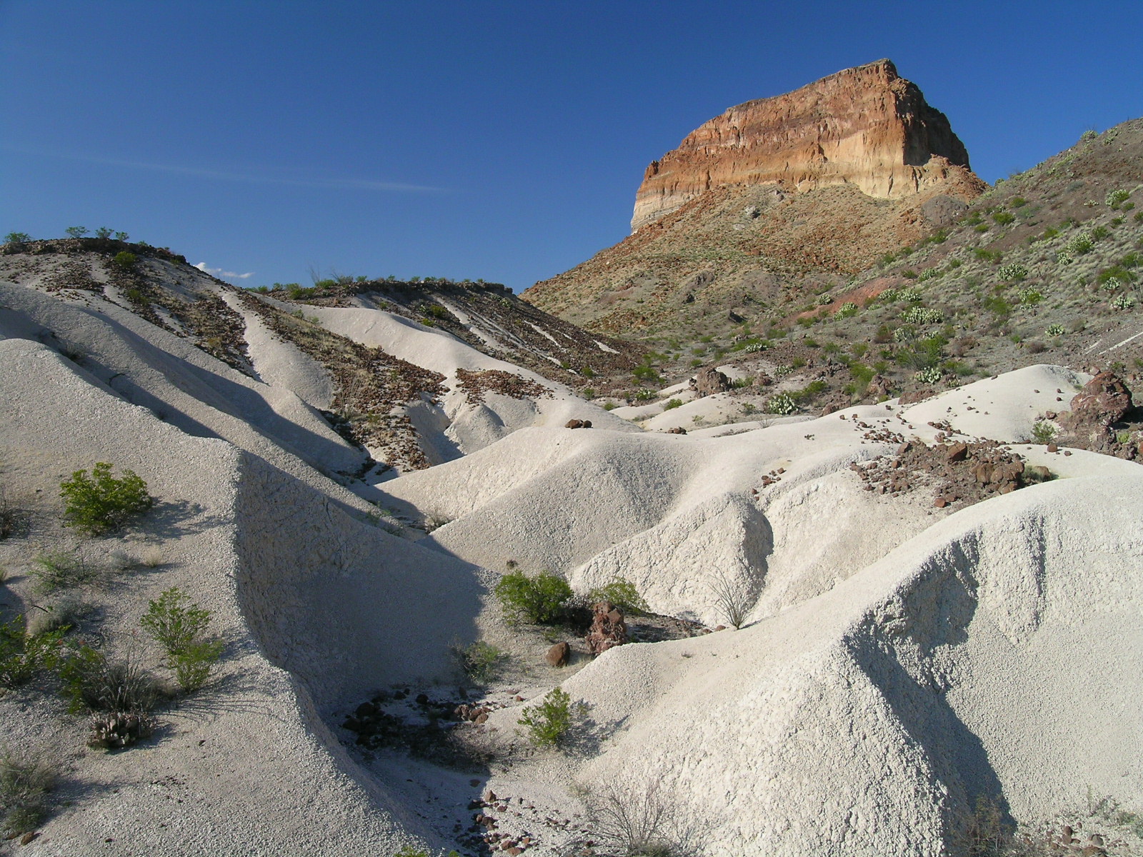 A volcanic peak rises above gray-colored ash deposits on the desert floor.