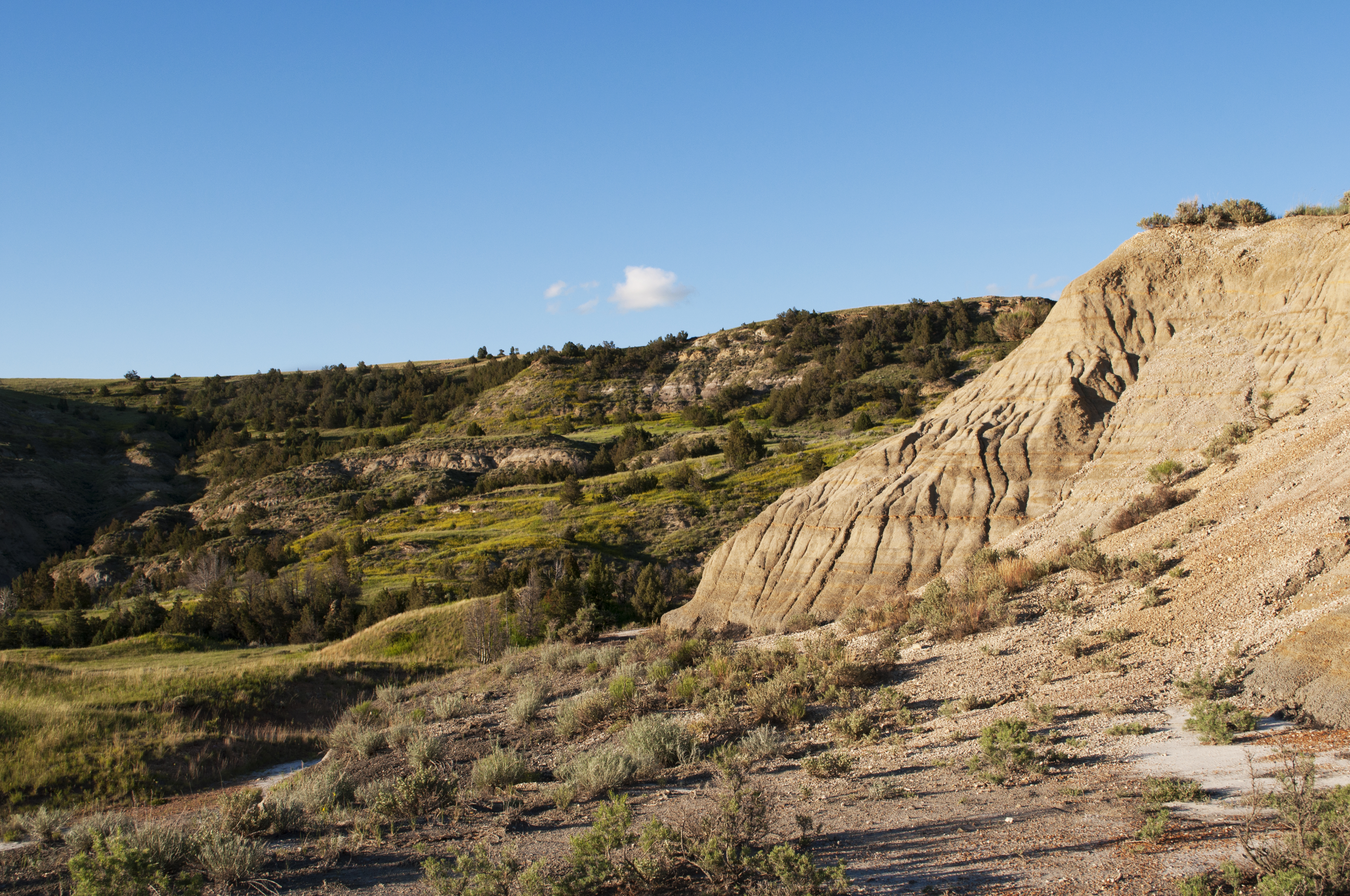 A view of the rolling badlands, including several buttes and a large slide of yellowish rock.