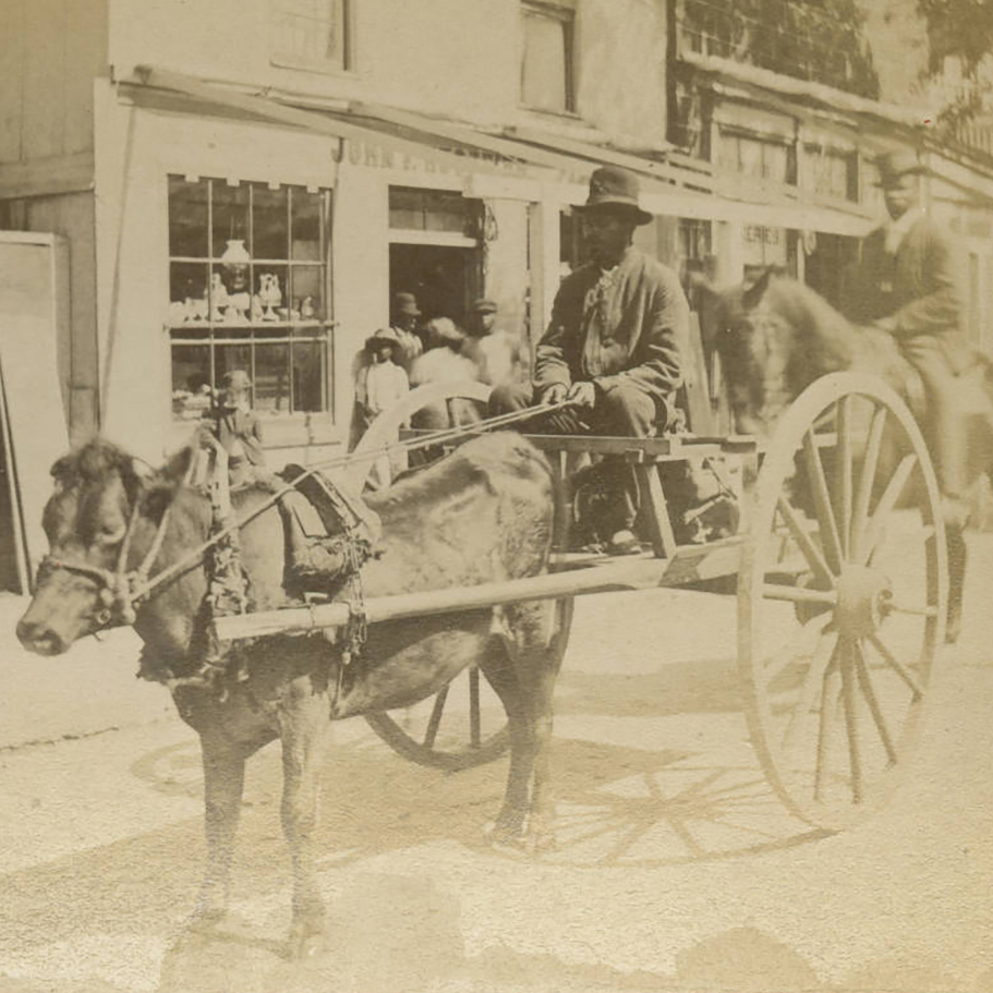 A historical image of an African American man driving a cart with an ox down a main street.