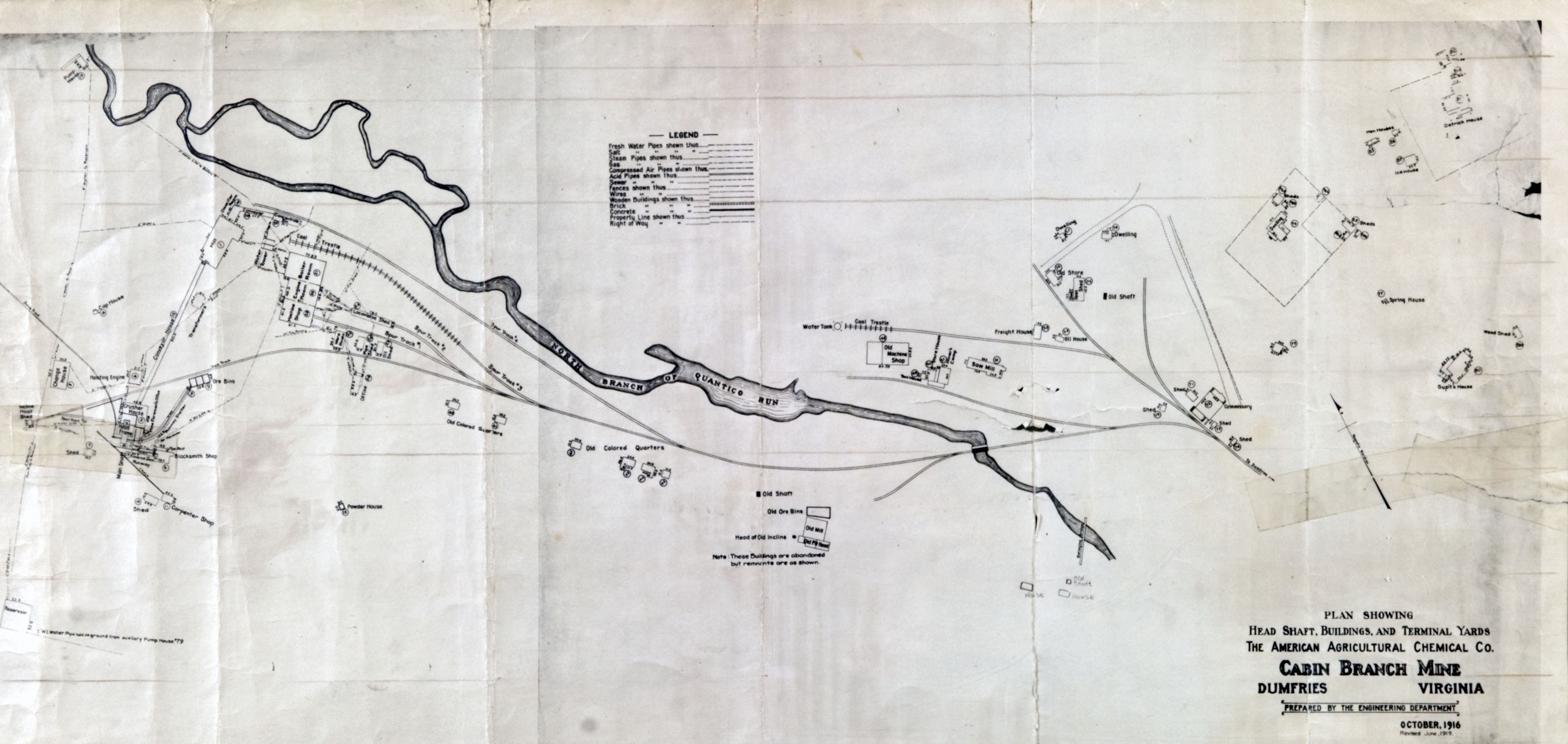 Map of mine showing Quantico Creek running through mine buildings on either side