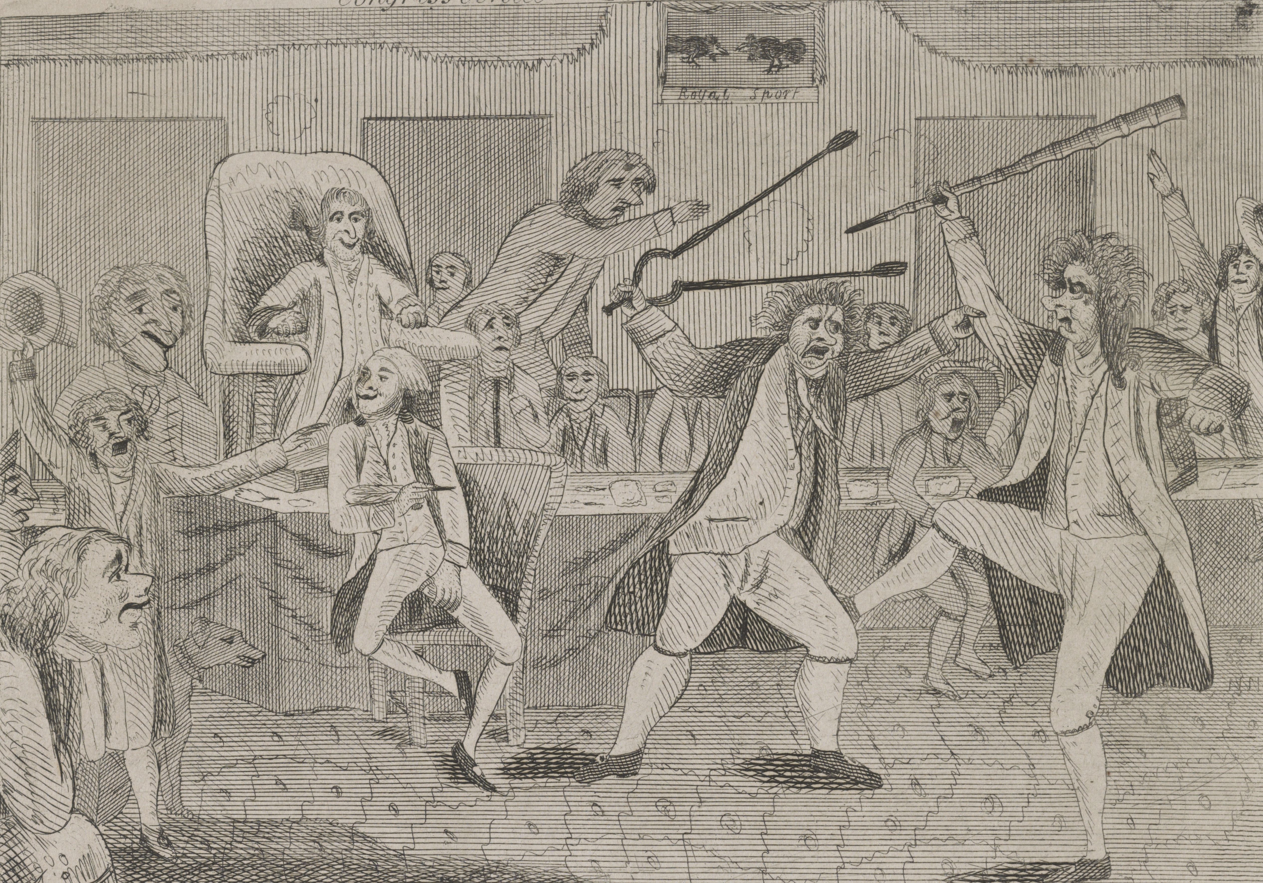 An 18th century etching showing caricatures of two men fighting each other on the floor of congress.