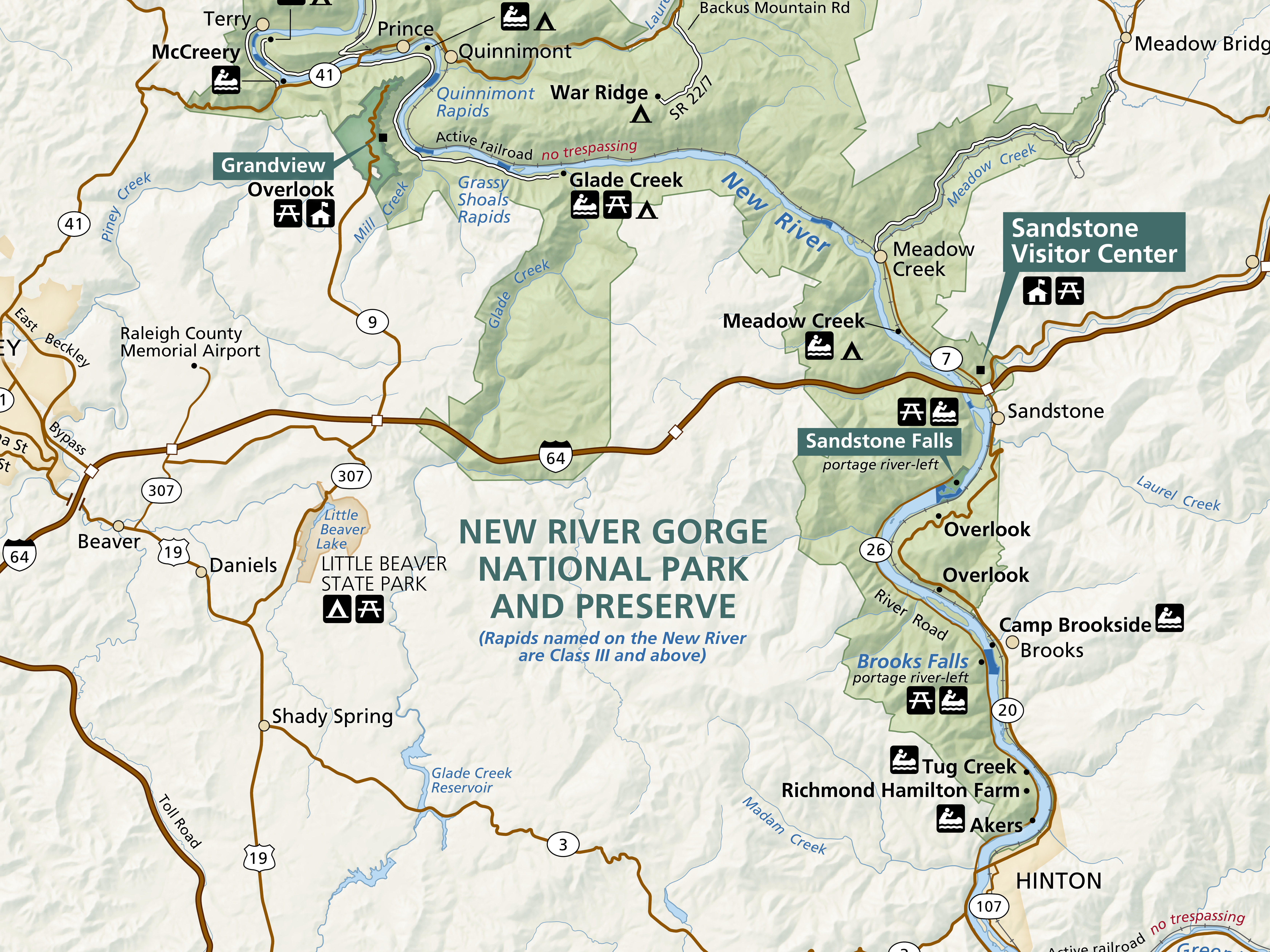 Map of the southern area of the park. North is at the top. Grandview and Sandstone are shown