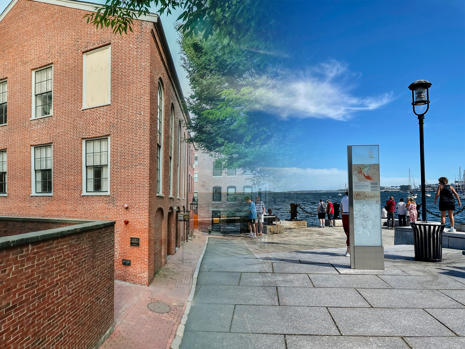 2 photos merged with gradient, left is African Meeting House on Smith Court, right is Long Wharf