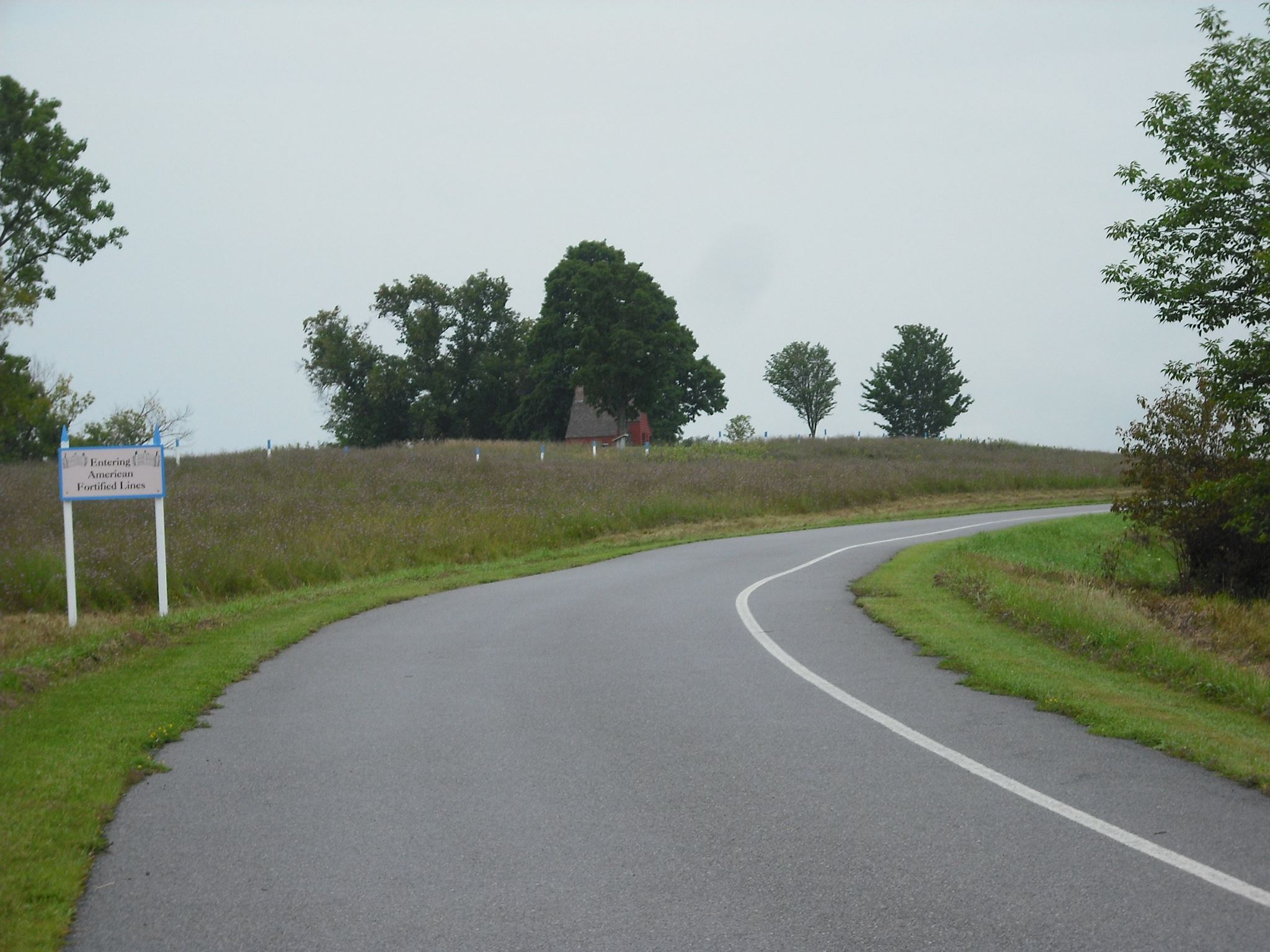 A paved road curving to the right, surrounded by a few trees