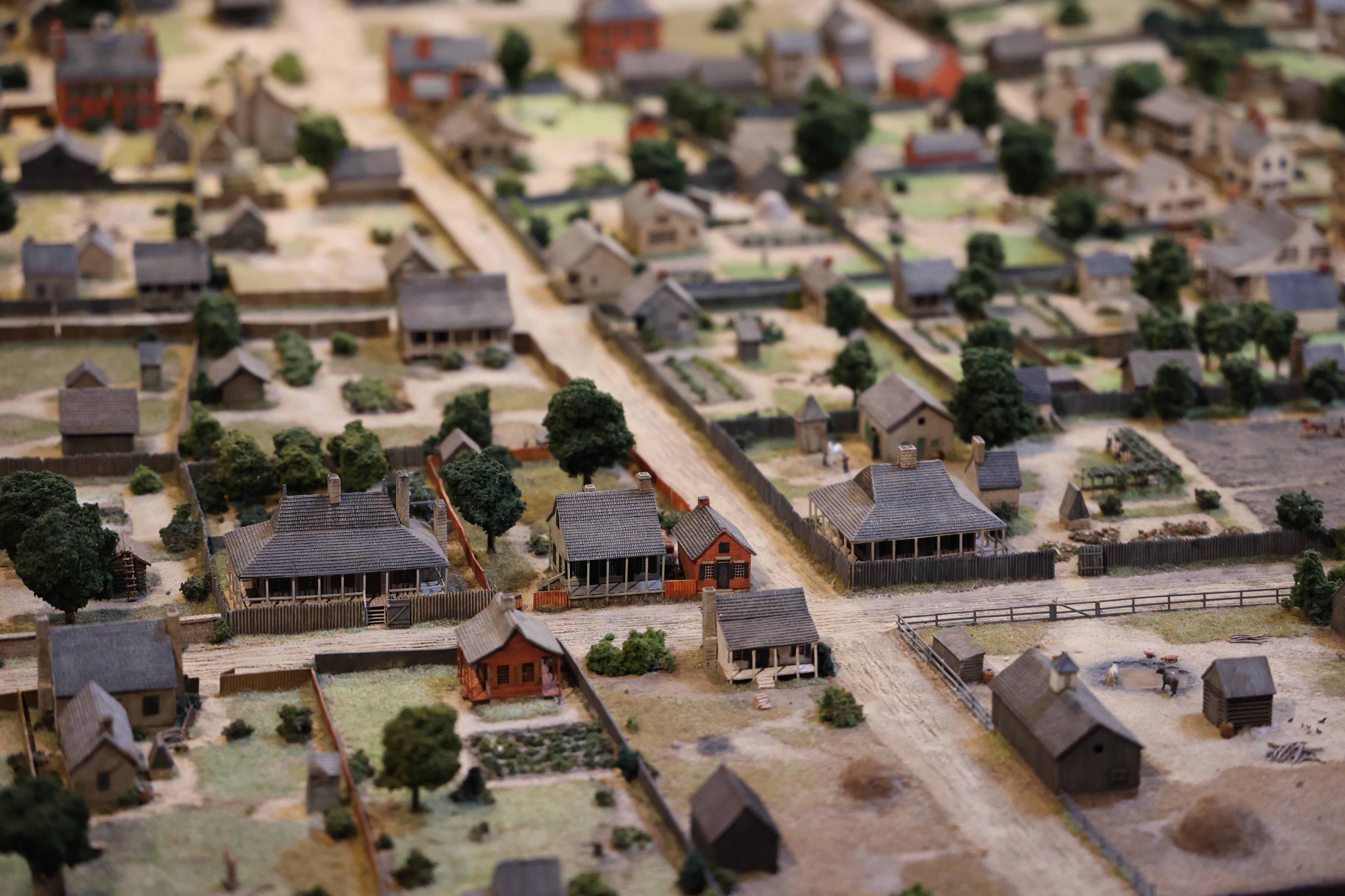Town layout through several minature houses with dirt streets, trees, and animals