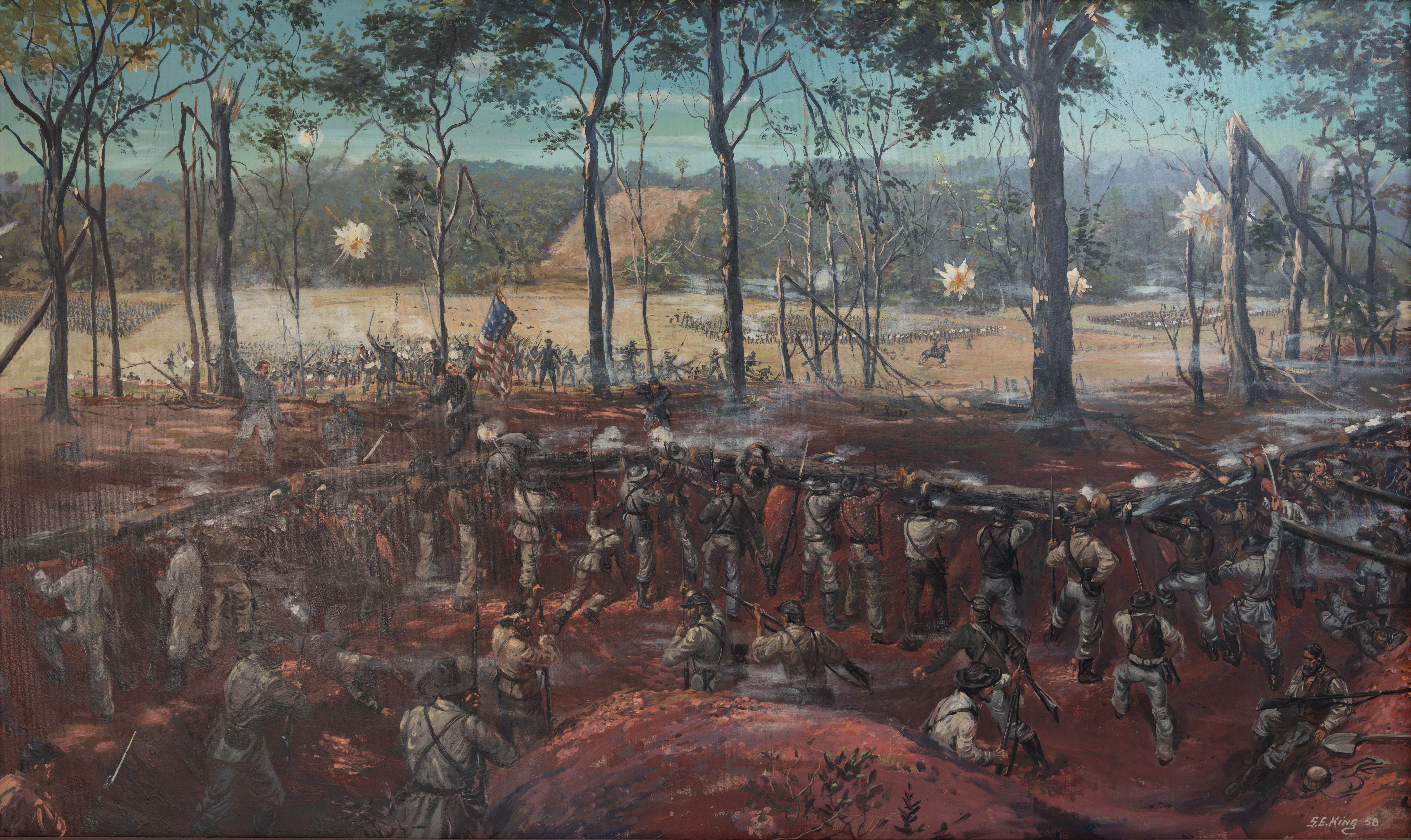 Painting showing the chaotic battle scene at the 'Dead Angle' during the battle of Kennesaw Mountain