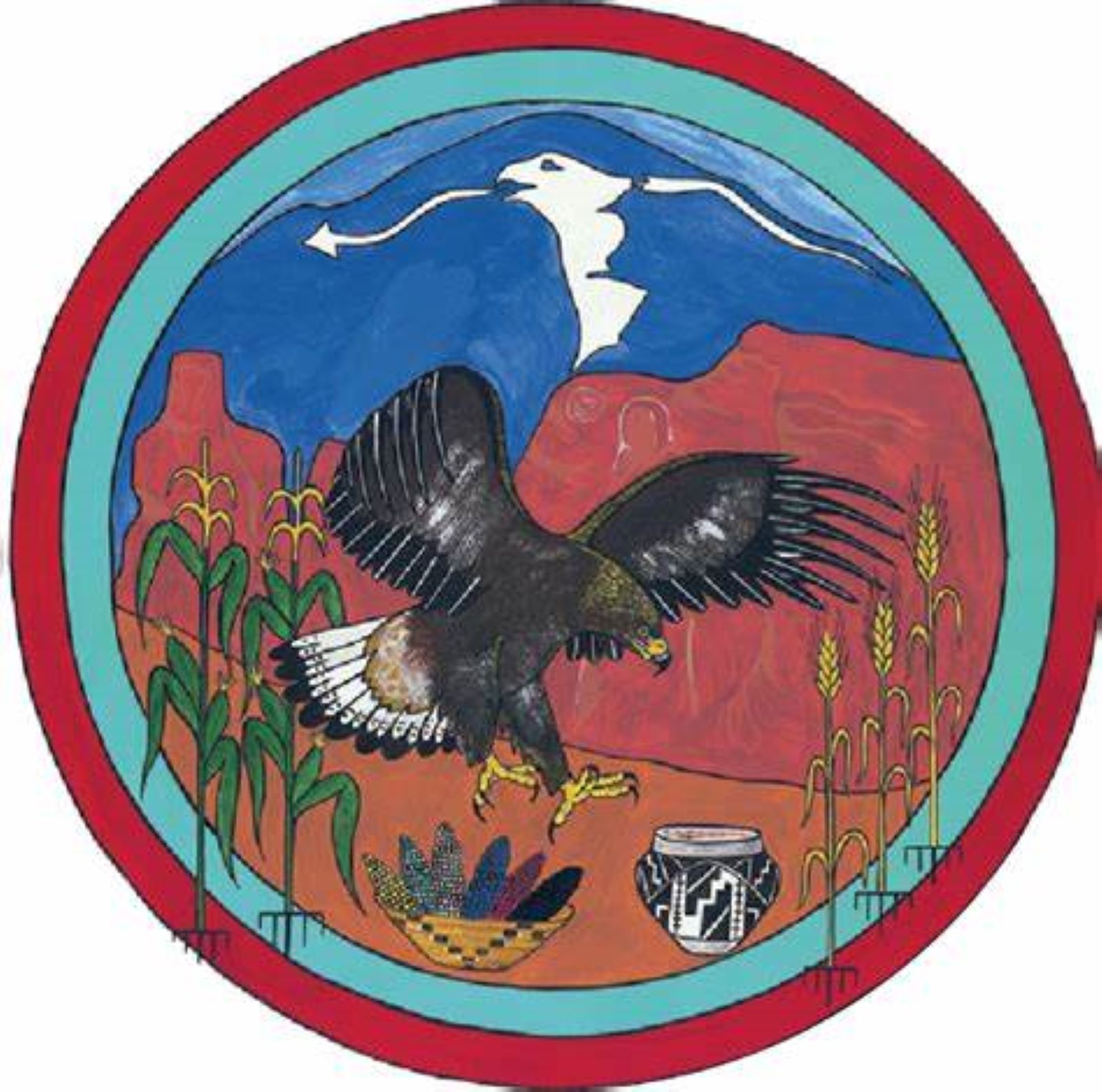 A circular, hand-drawn logo showing a golden eagle landing in a red canyon with a blue mountain.