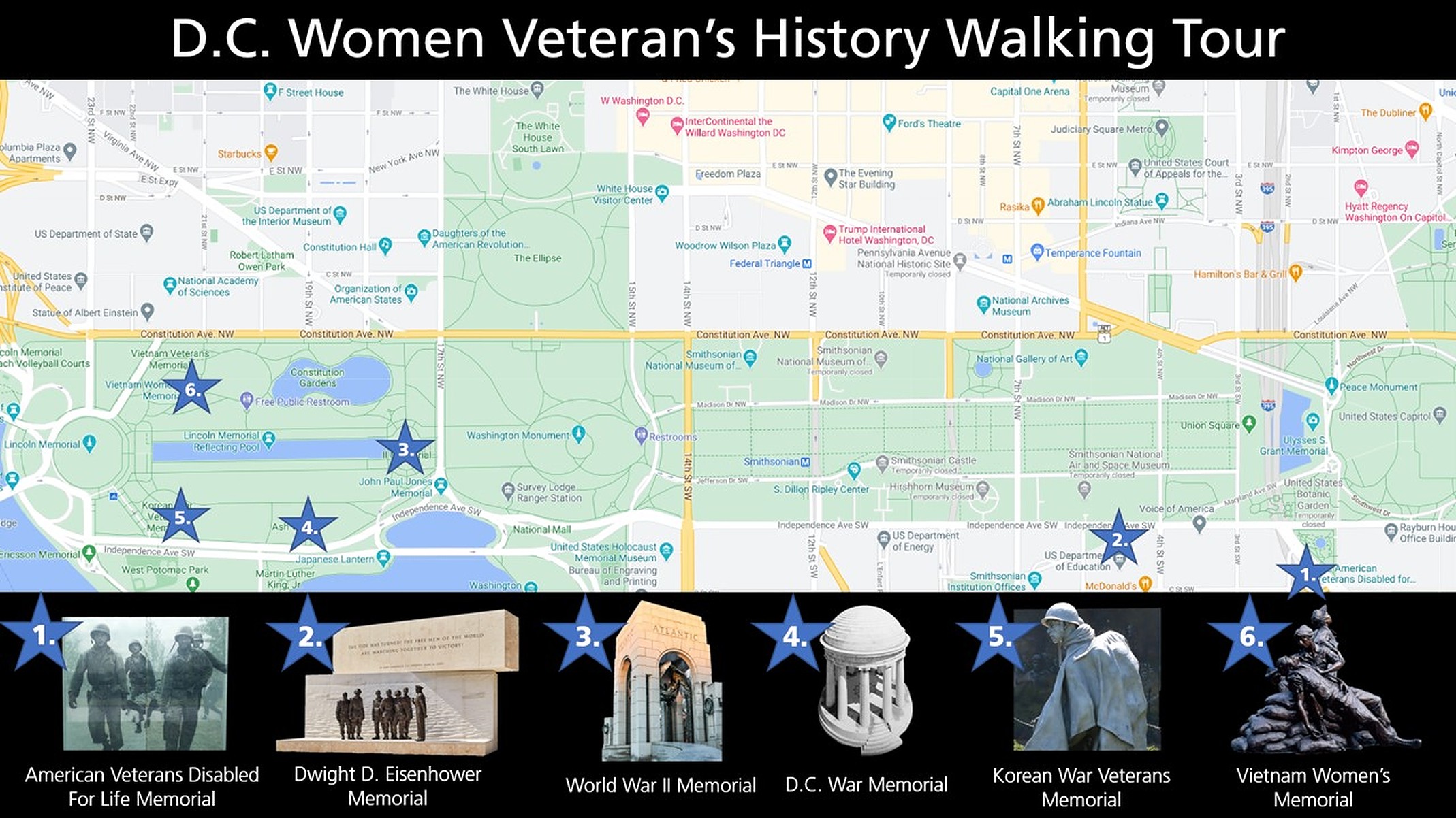 Map of the National Mall with stars indicating tour stops and images of memorials in bottom band