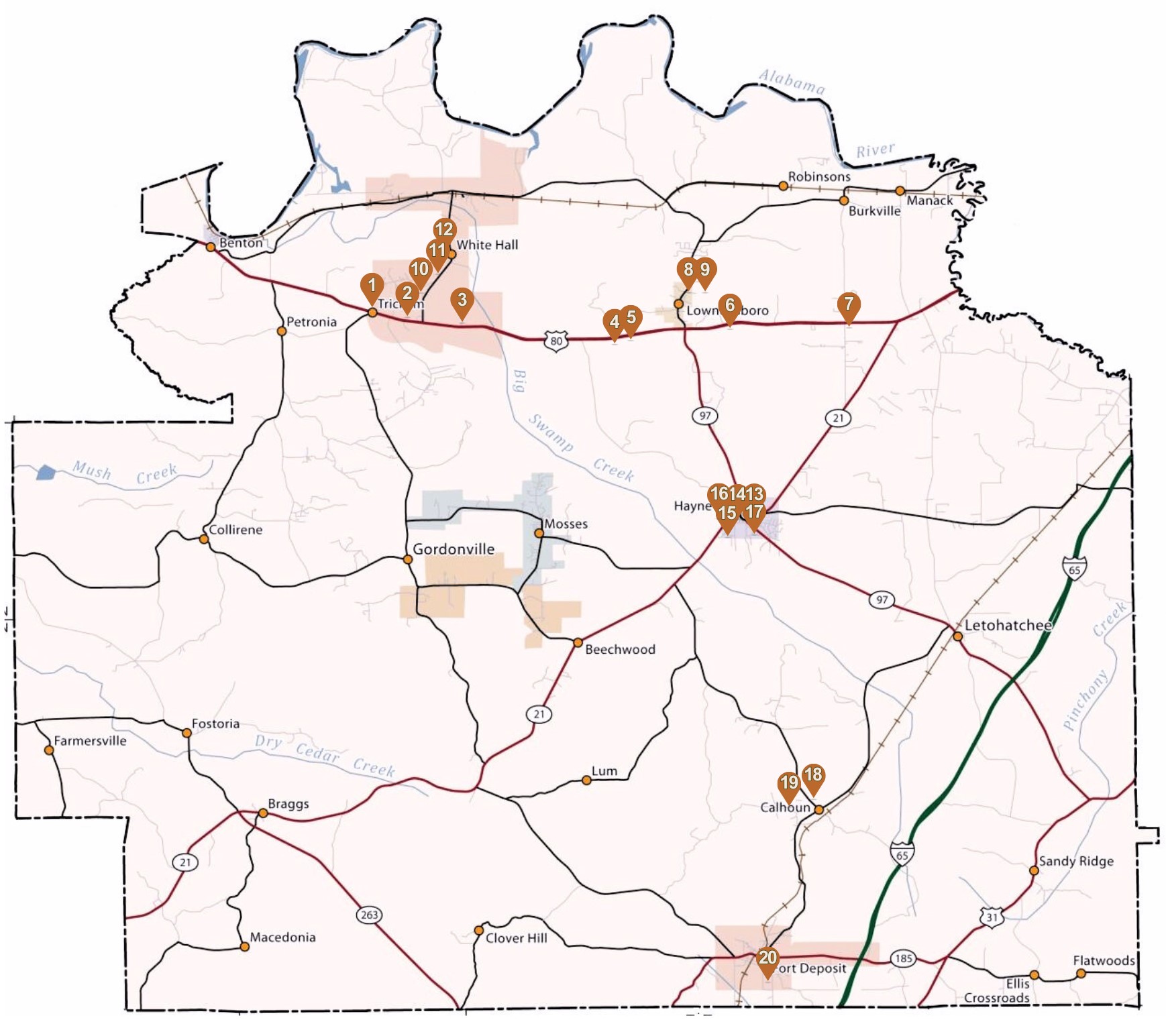 A tan map of the county with crisscrossing highways and location icons indicating 20 stops.