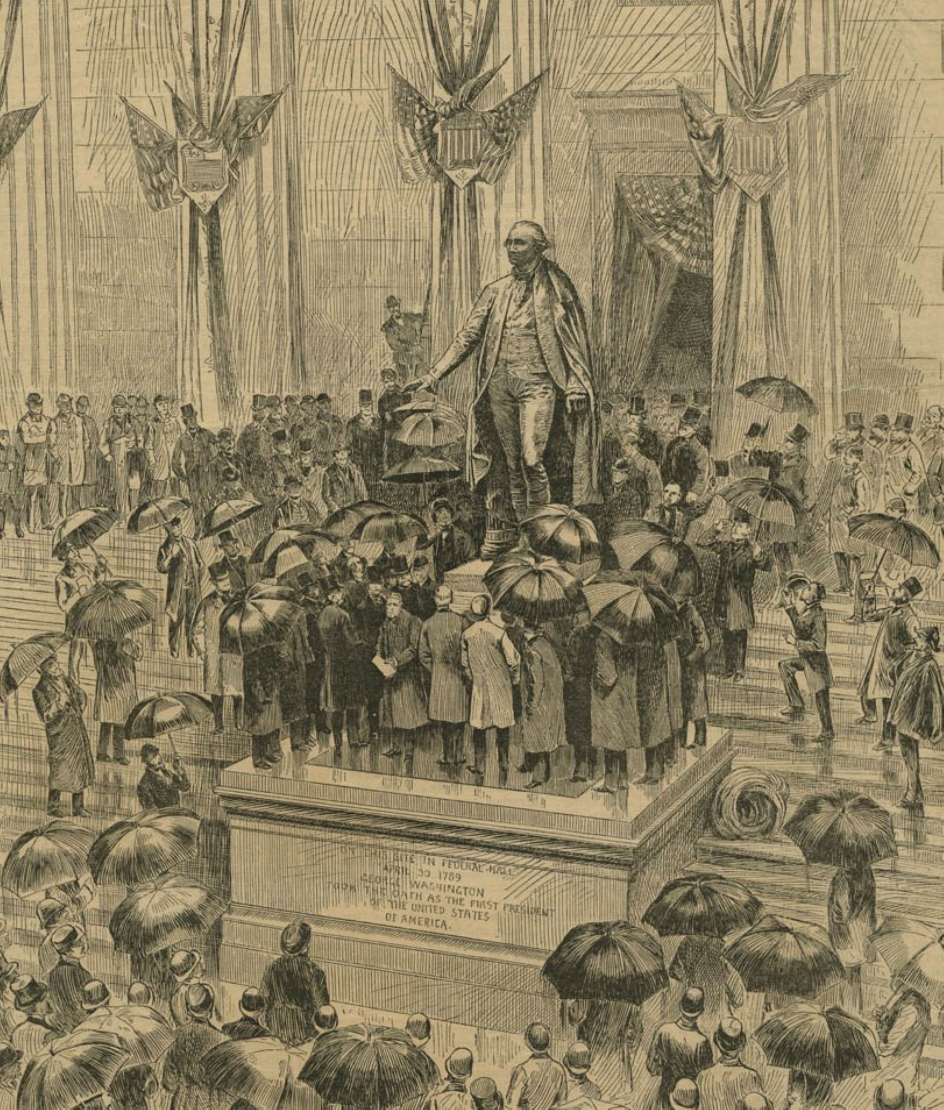Woodcut illustration of the unveiling of the Statue of George Washington