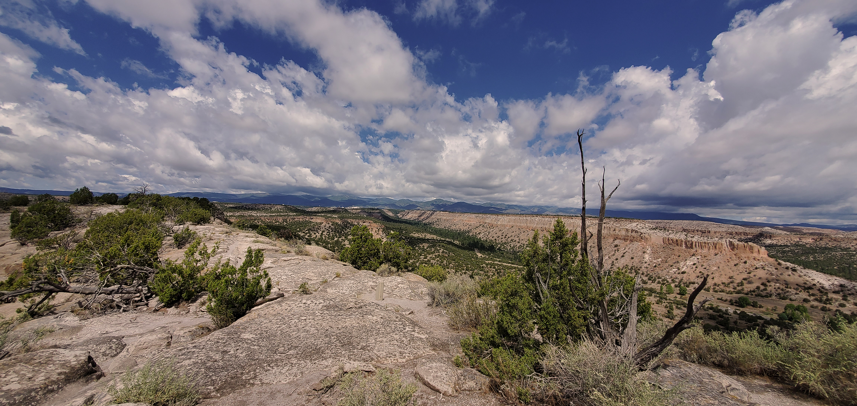 a beige mesa with a trail cutting across it, mountains in the distance & clouds in a blue sky
