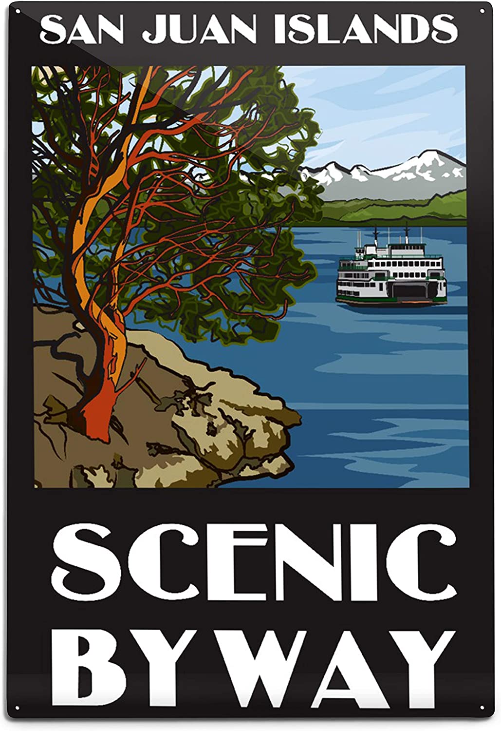 Logo of a madrona tree on an outcropping beside a ferry. Text reads "San Juan Islands Scenic Byway"