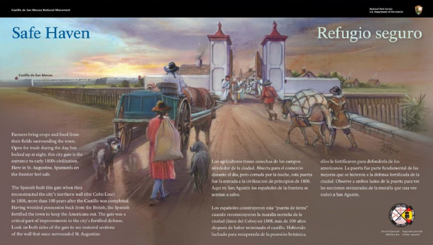 Artist rendering of historic city gate and people