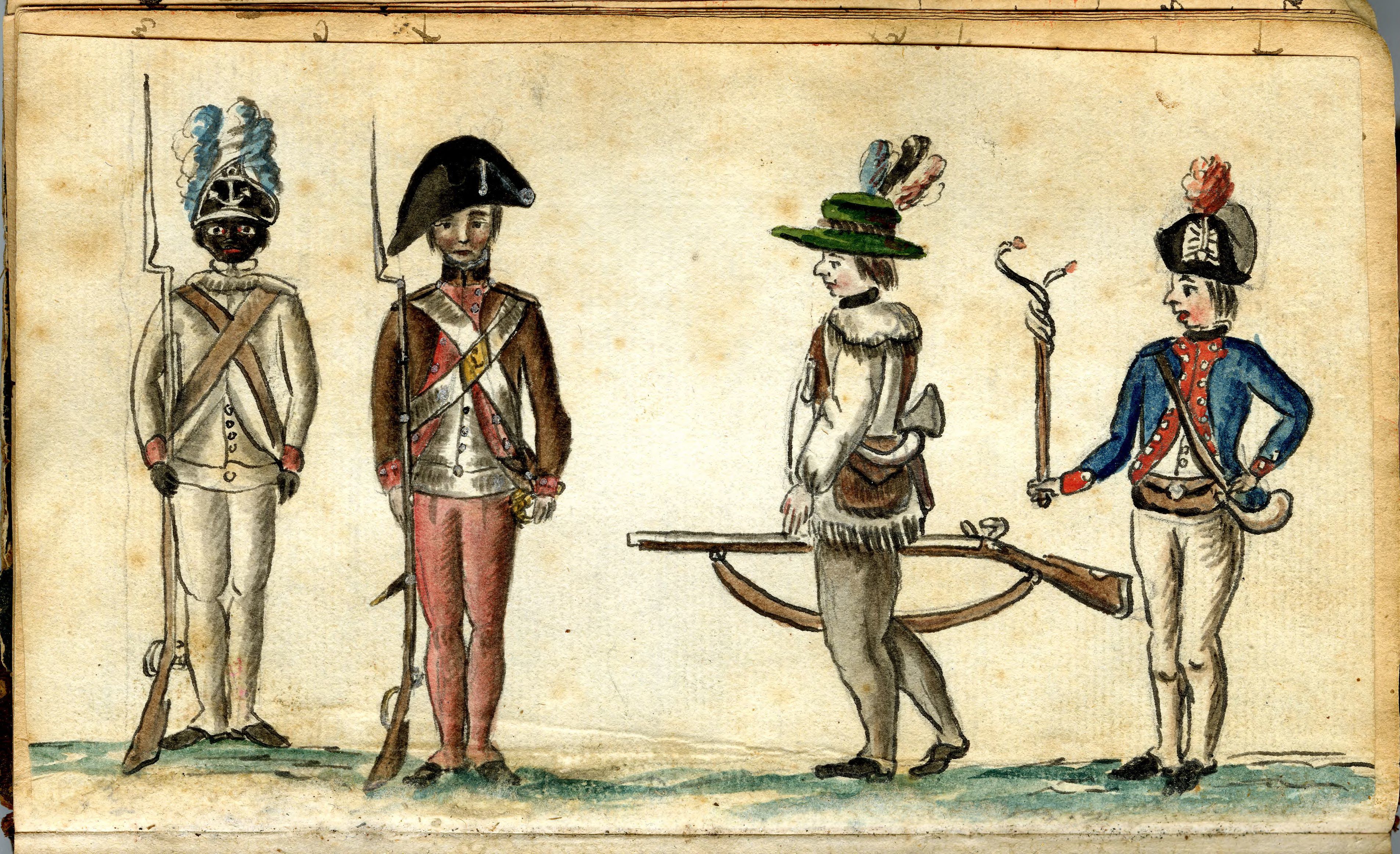 watercolor of four men in different uniforms, a Black soldier, a militiaman, a rifleman, and officer