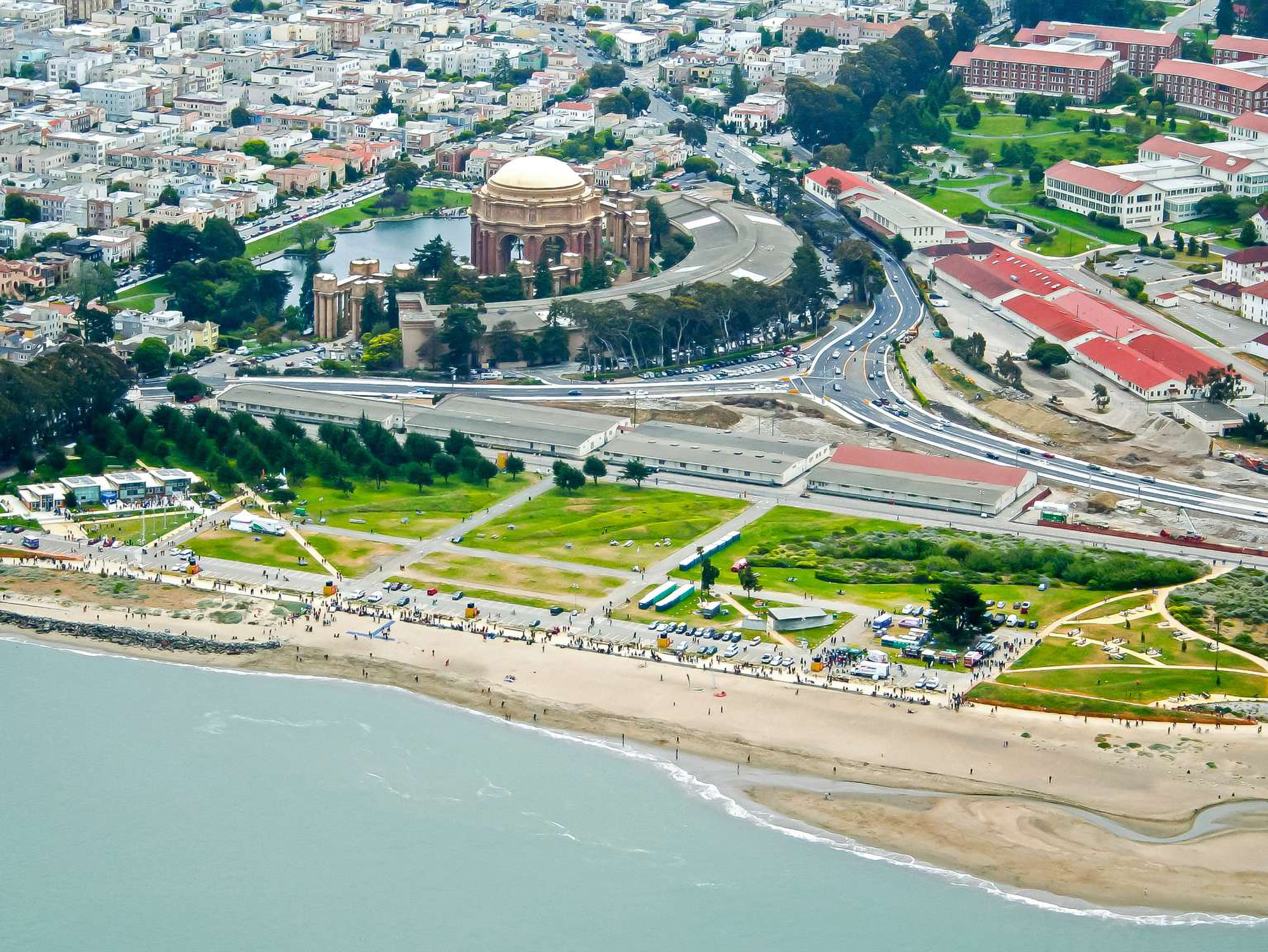 Colored photograph of Crissy Field from above.