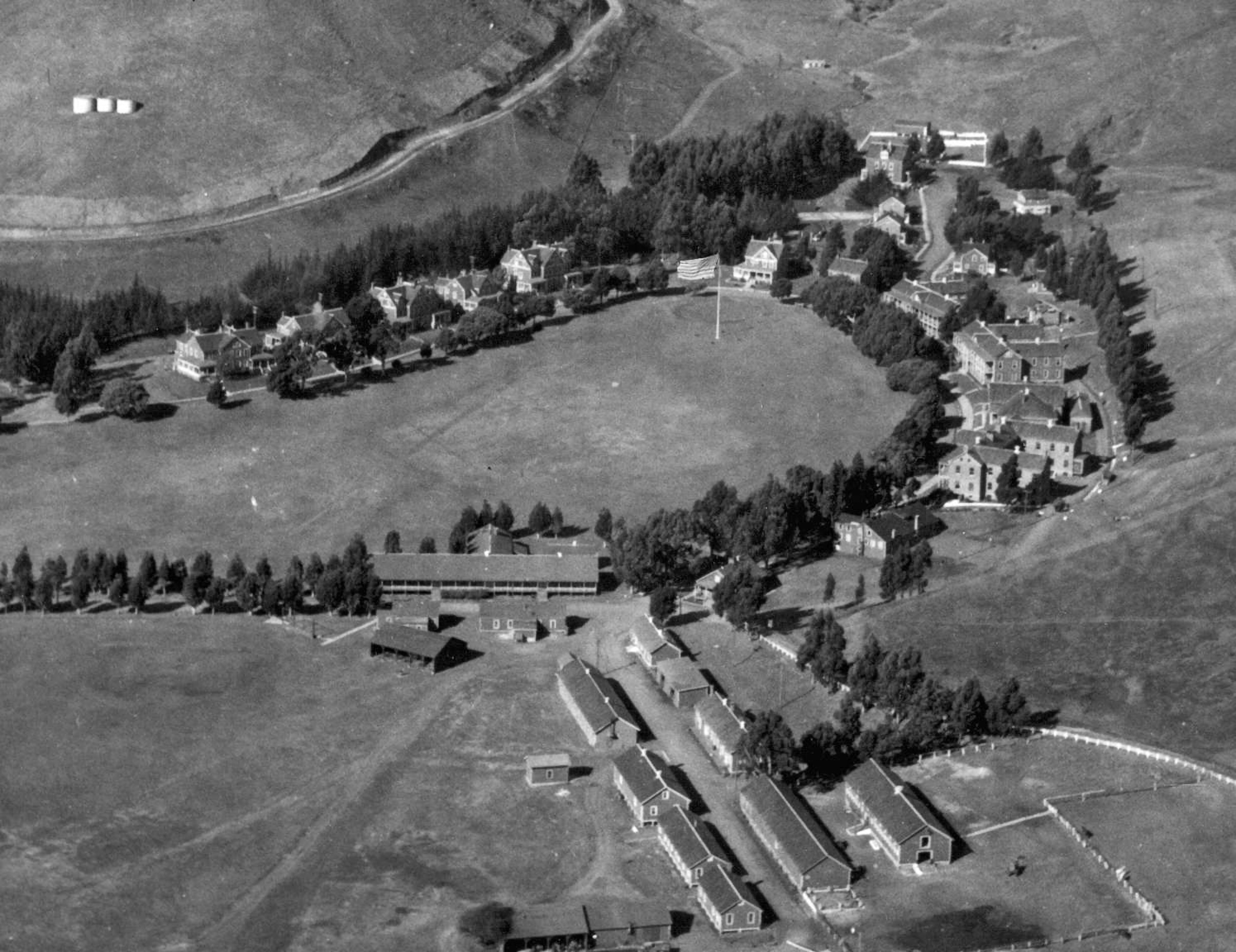 Black and white photo of Fort Baker from above