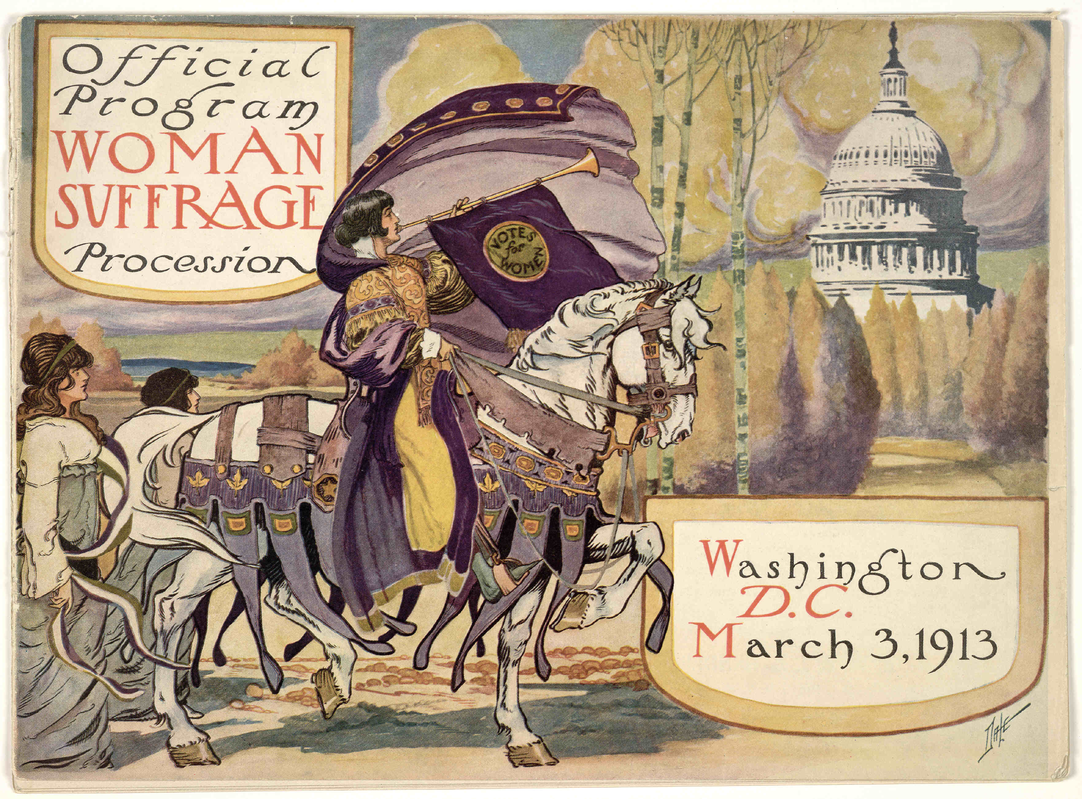 Illustration of herald on horseback blowing trumpet, Capitol dome in background