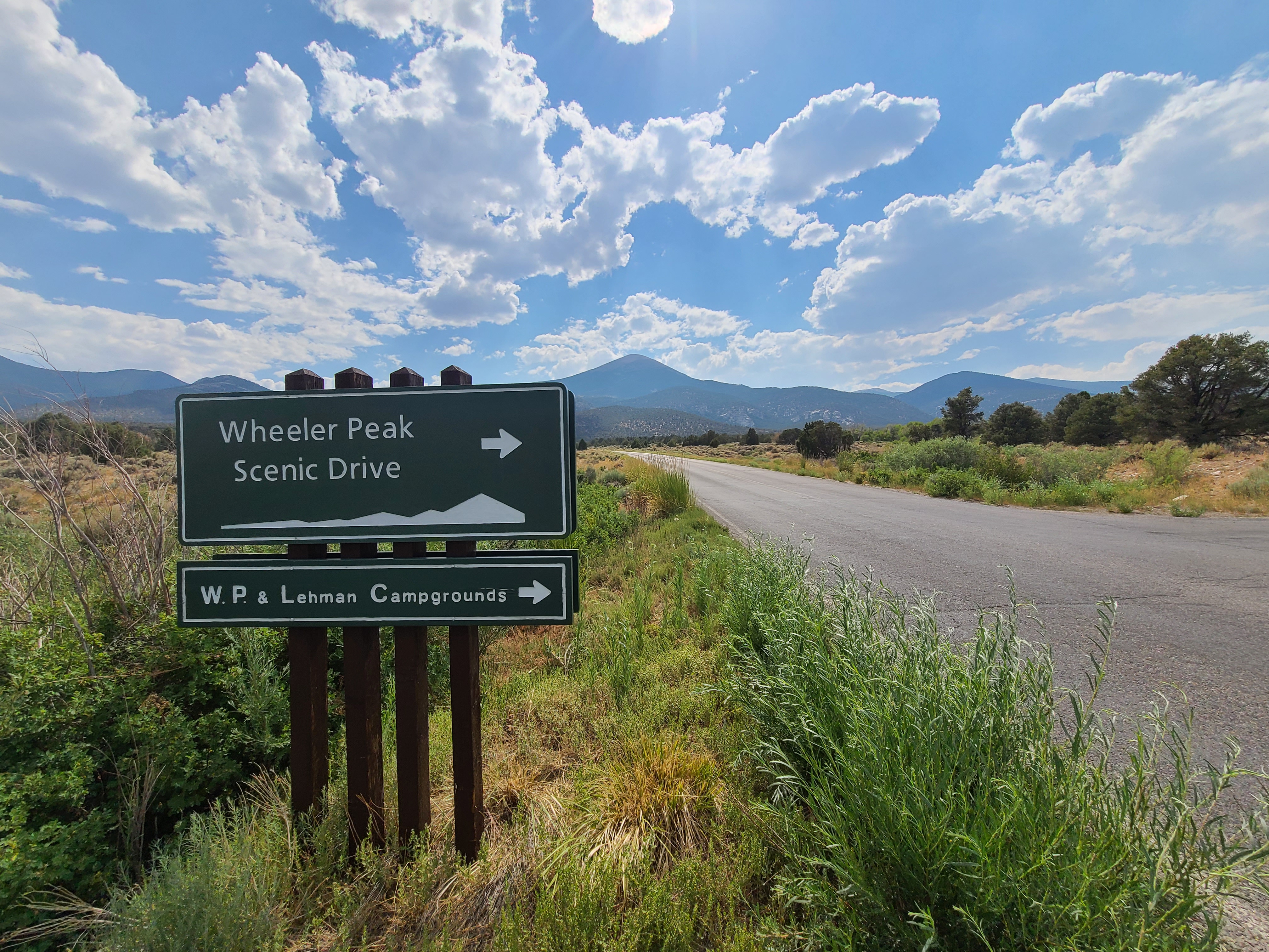 Green sign with text "Wheeler Peak Scenic Drive" and an arrow pointing right. Doso Doyabi in back.