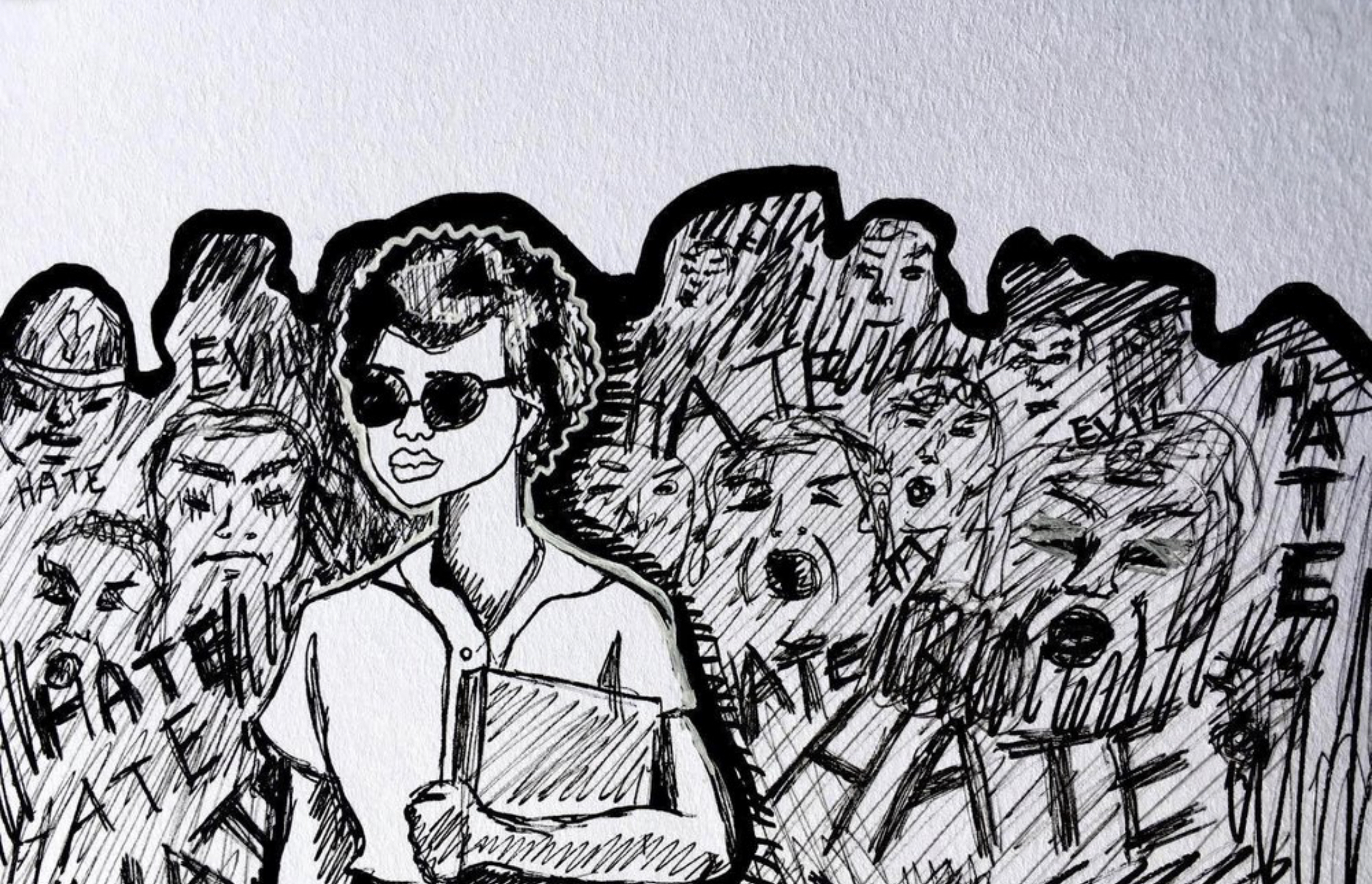A drawing of Elizabeth Eckford with shadowy characters and the word "hate" behind her - Sept. 4, '57