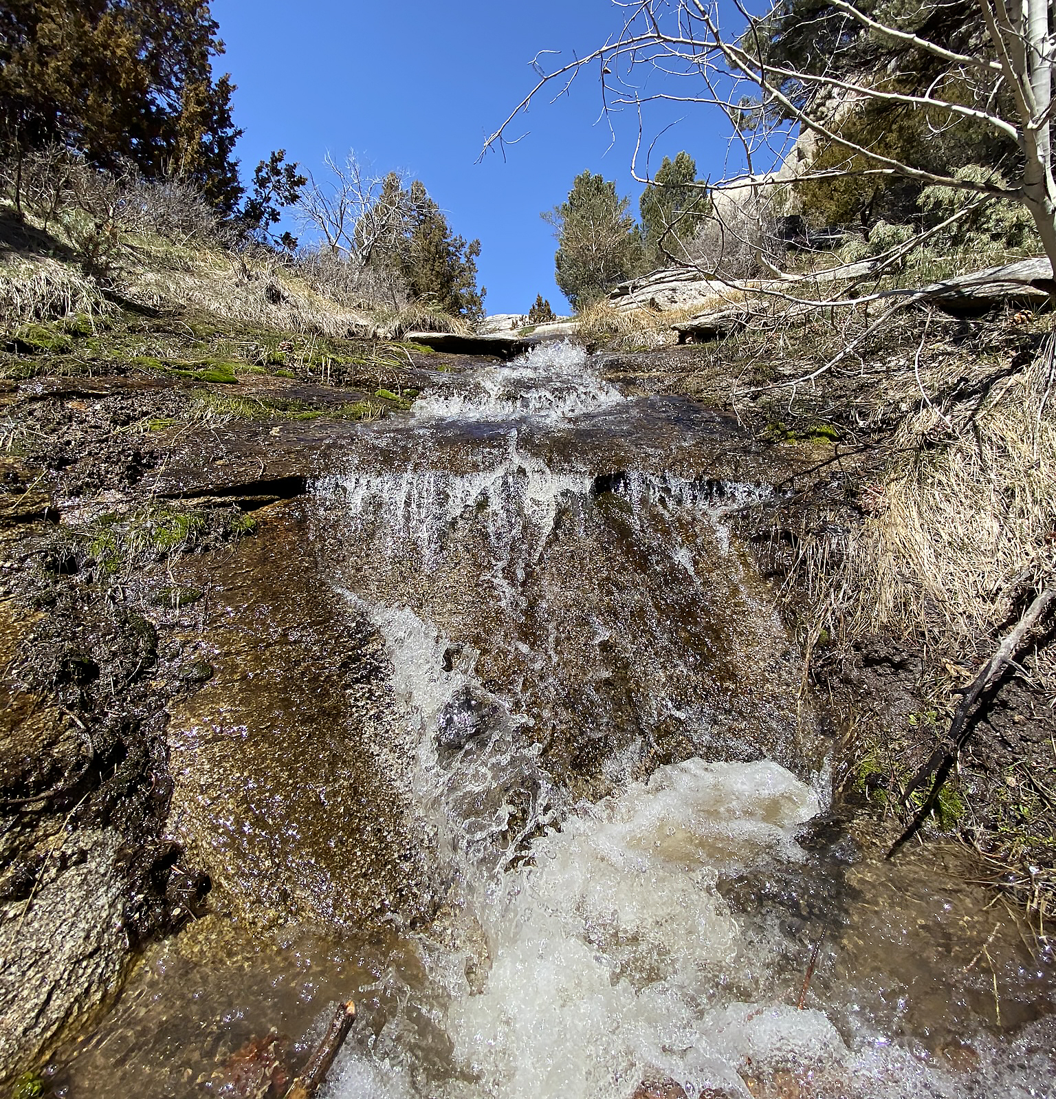 A small waterfall cascades down a shallow granite channel in springtime.