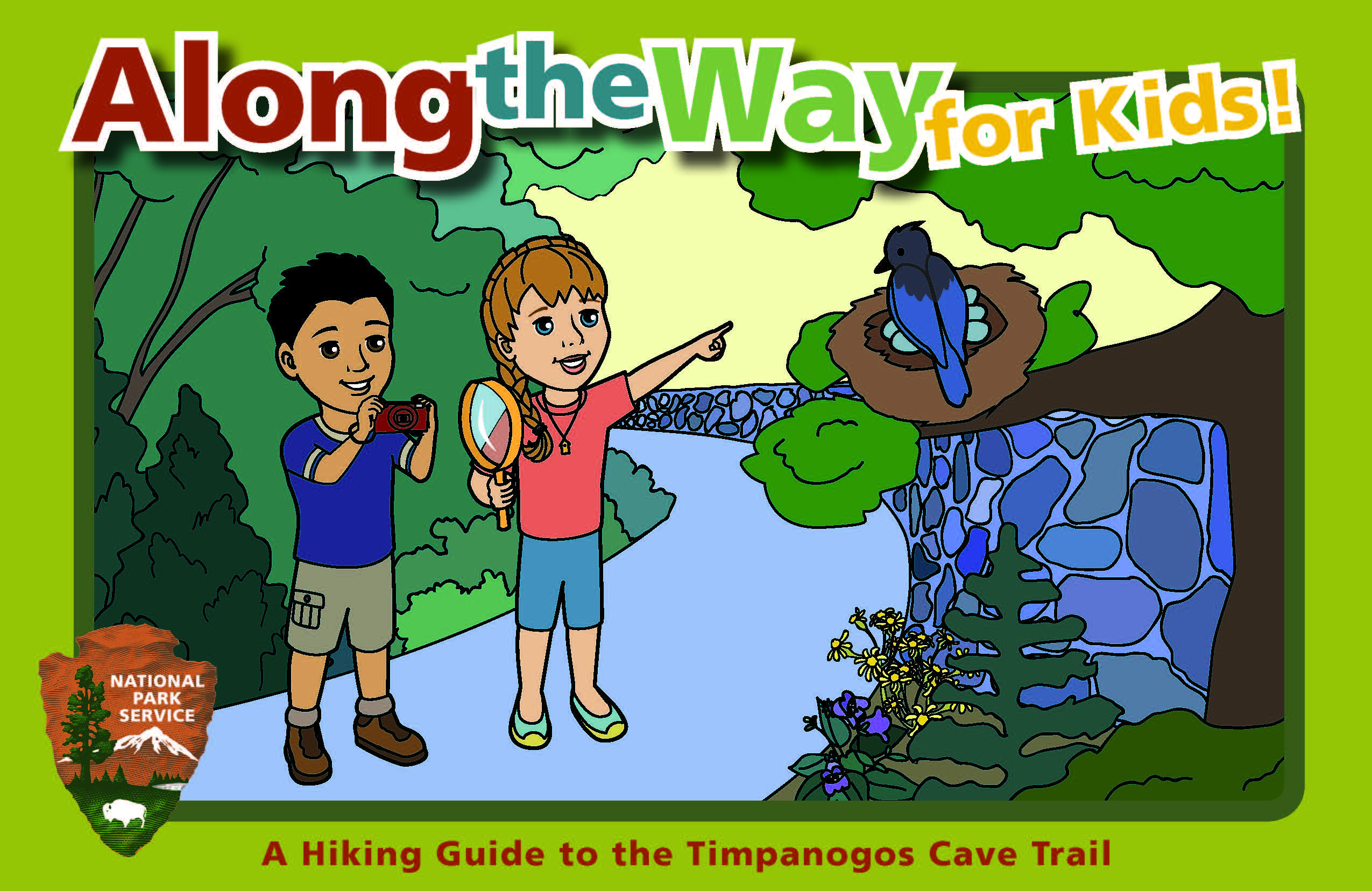 Two illustrated children on a trail pointing at a bird in a nest.