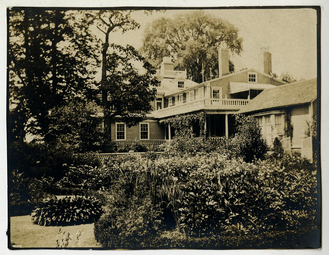 A photograph taken in 1905, of the Longfellow House and garden viewed from the northeast.