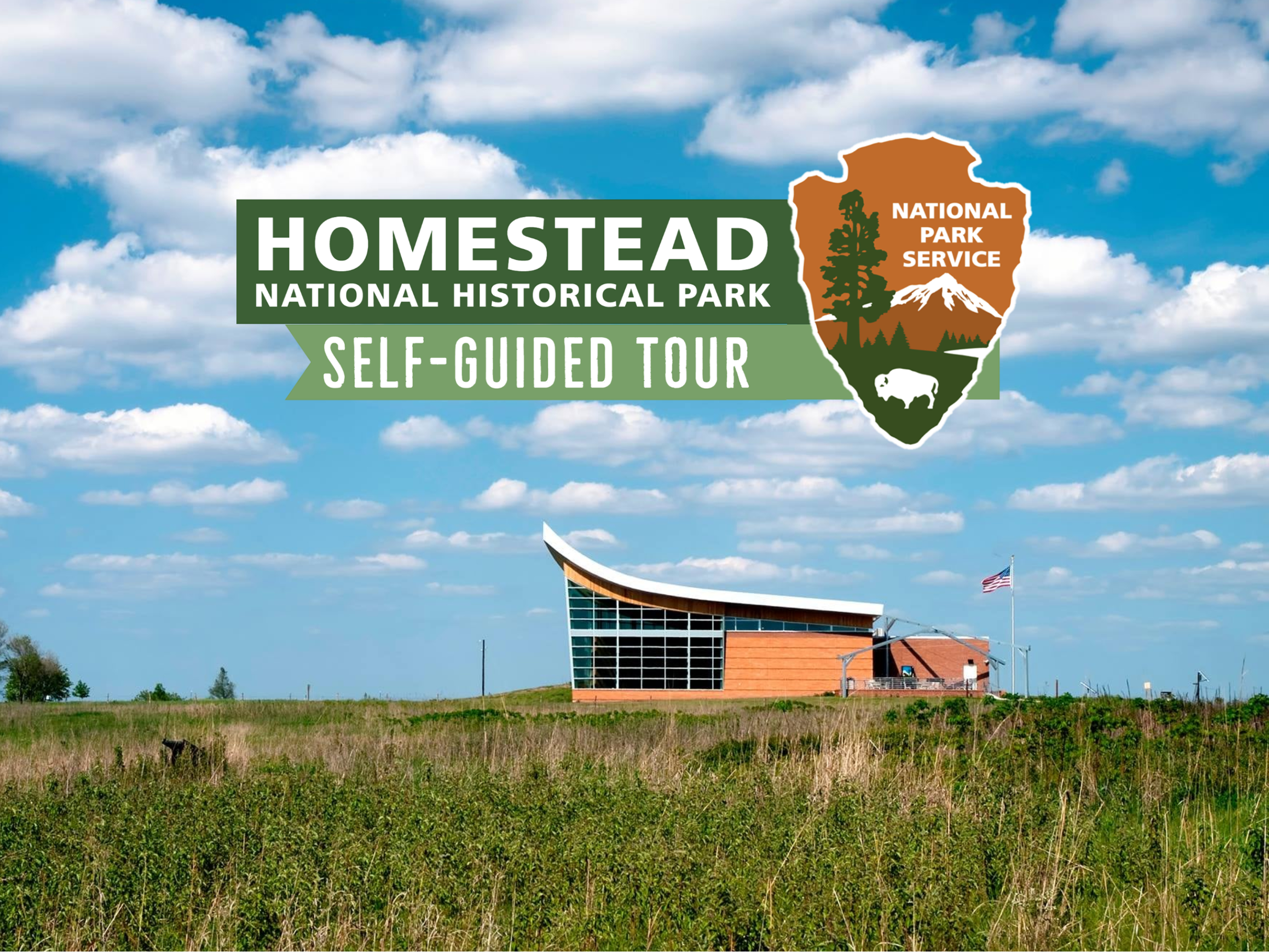 Homestead Logo over an image of the pointed roof visitor center in the park.