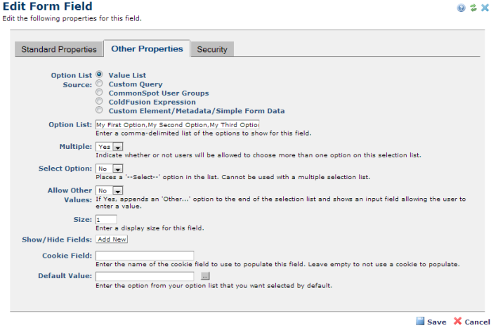 Edit Form Fields -- Other Properties Tab