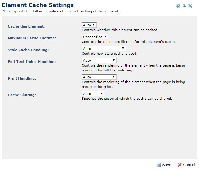 Element Cache Settings dialog.