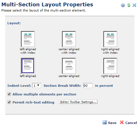 Multi-section Layout Properties dialog