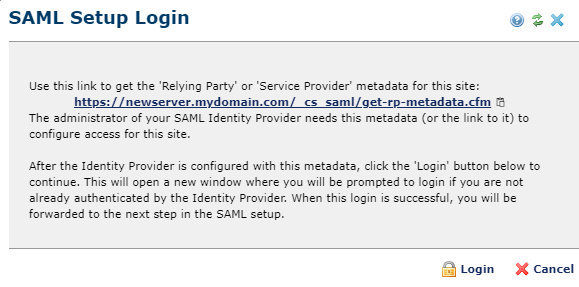 saml setup login dialog