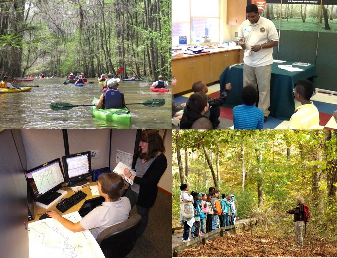 Volunteers helping with canoe tours, library programs, educational tours on the park's trails, and helping with research.