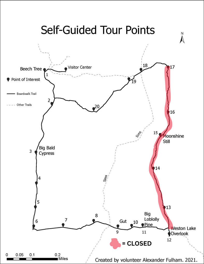 Boardwalk Tour Points Identified on Map; Closed Section of Boardwalk highlighted