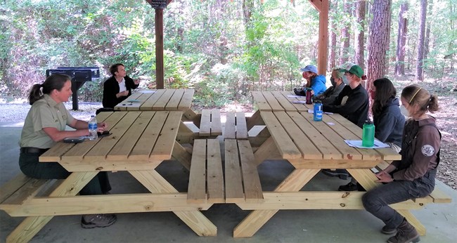 People sitting at picnic tables having a conversation outside