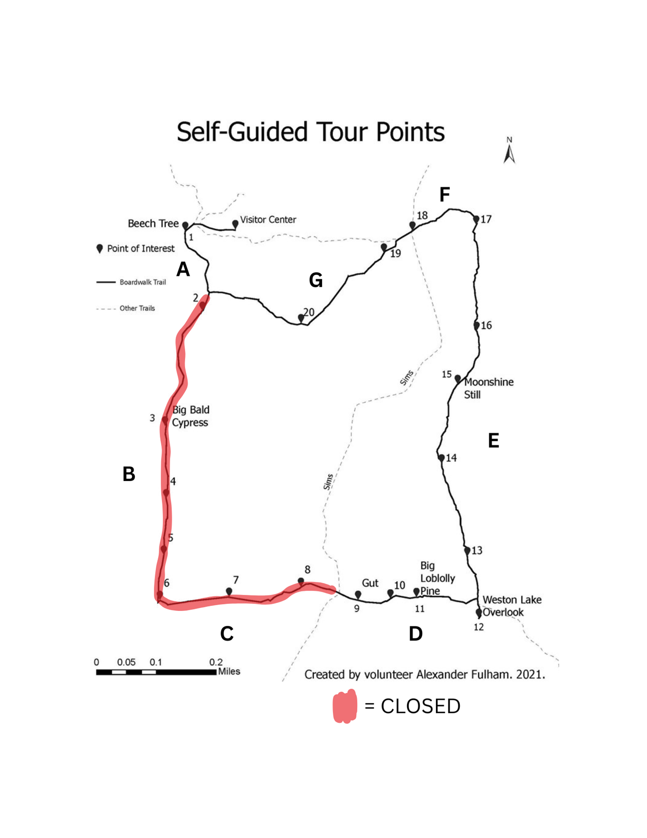 Boardwalk map with closed sections highlighted in red.
