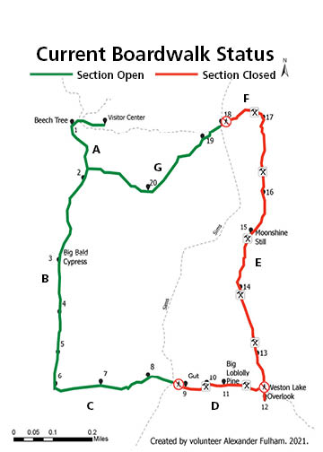 Map of boarwalk sections with closures marked in red