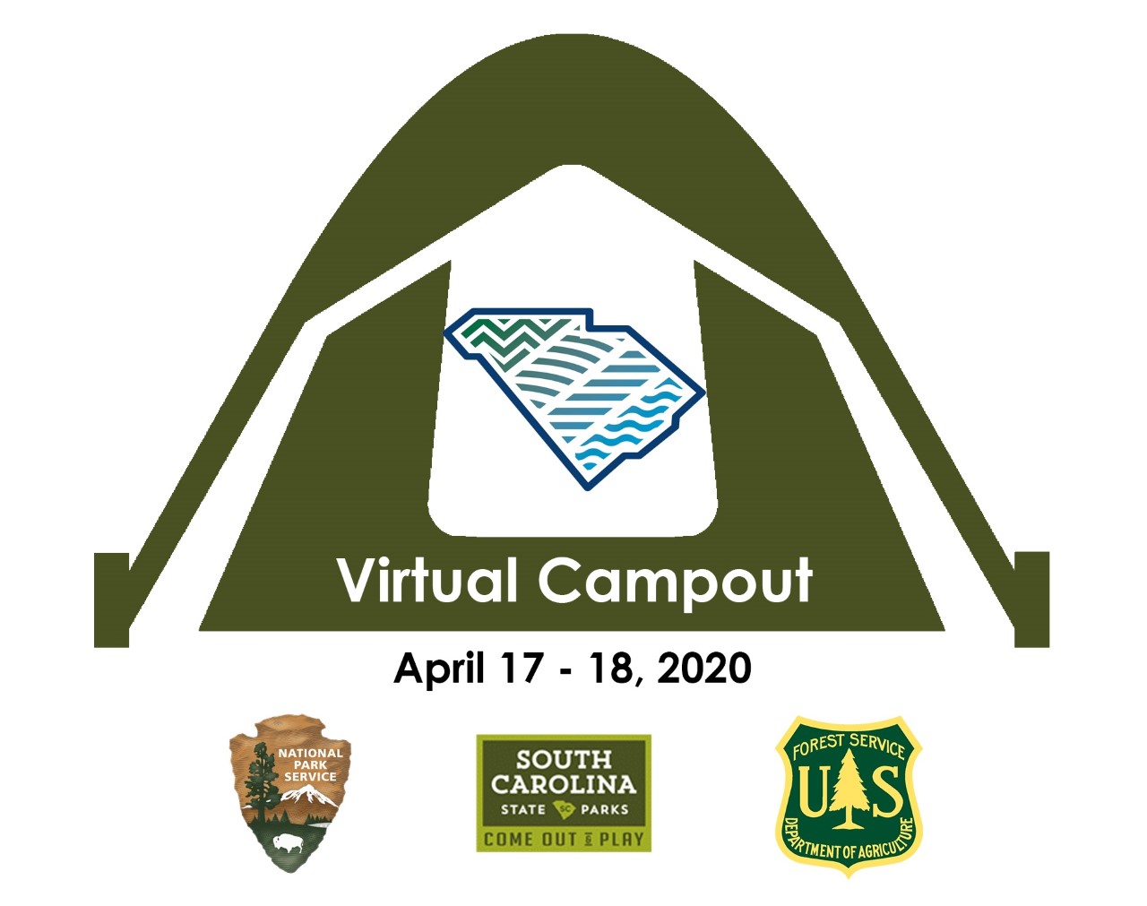 A green tent outline with South Carolina state shape inside; NPS, SC State Parks, and USFS logos on bottom