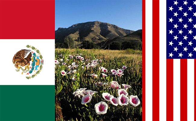 USA and Mexico flags flank a picture of Bob Thompson peak at the park