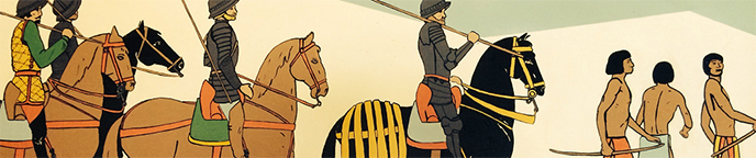A painting depicting Coronado, Spanish horsemen, and Aztec Indians A painting depicting Coronado, Spanish horsemen, and Aztec Indians