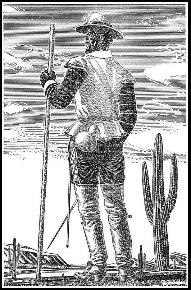 A black and white line drawing of an explorer in the desert