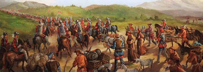 A painting of the Coronado Expedition making its way over a mountainous landscape A painting of the Coronado Expedition making its way over a mountainous landscape