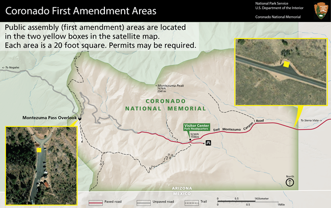 maps shows 1st amendment assembly areas at Montezuma Pass Overlook and the Entrance Sign of the Coronado National Memorial